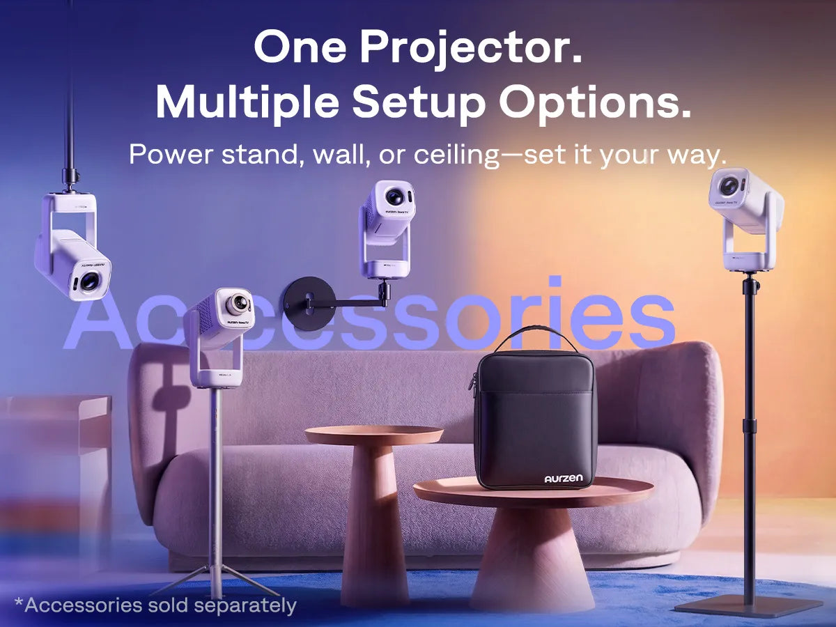 Aurzen EAZZE D1R air projector with multiple setup options including power stand, wall mount, and ceiling mount