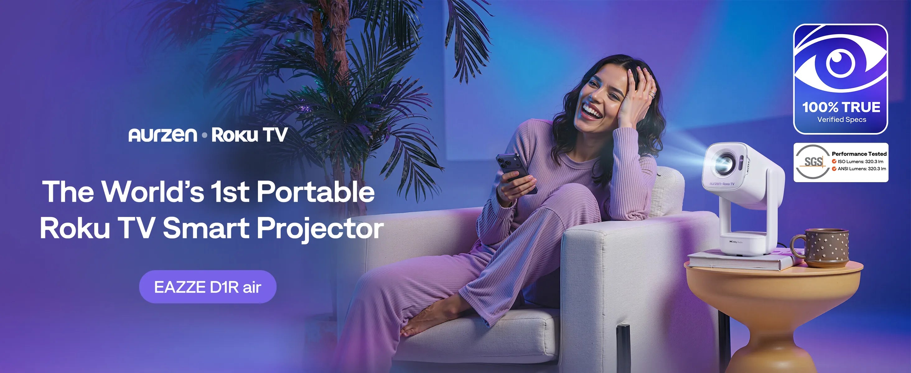 Aurzen EAZZE D1R air projector with built-in Roku TV entertainment apps and native 1080p projection