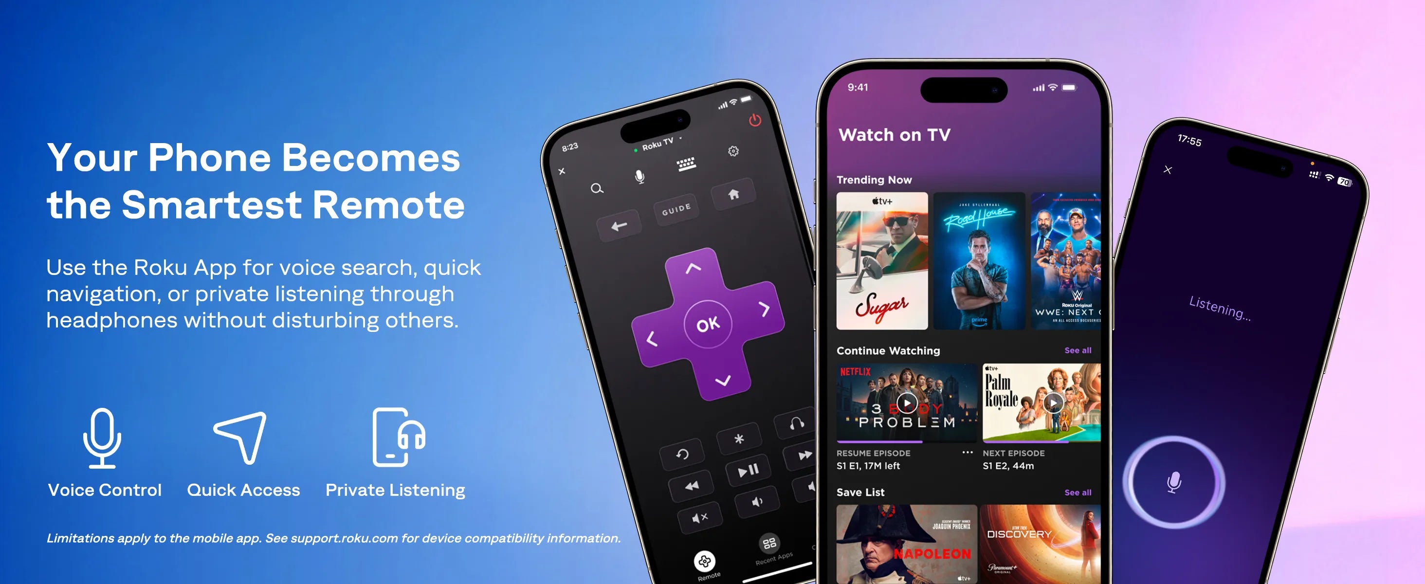 Aurzen EAZZE D1R air projector supports Roku mobile app control, voice search, quick navigation, and private listening