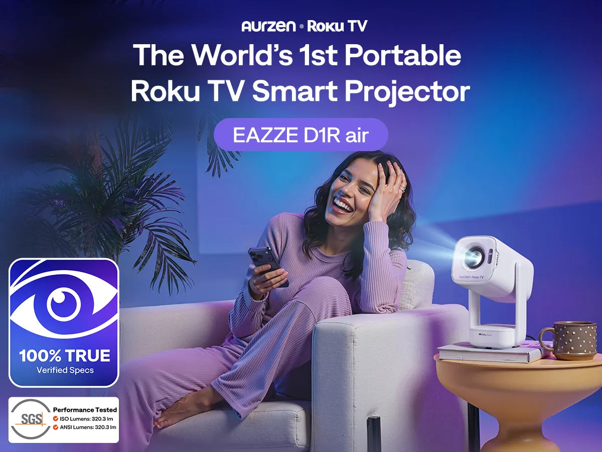 Aurzen EAZZE D1R air projector with built-in Roku TV entertainment apps and native 1080p projection