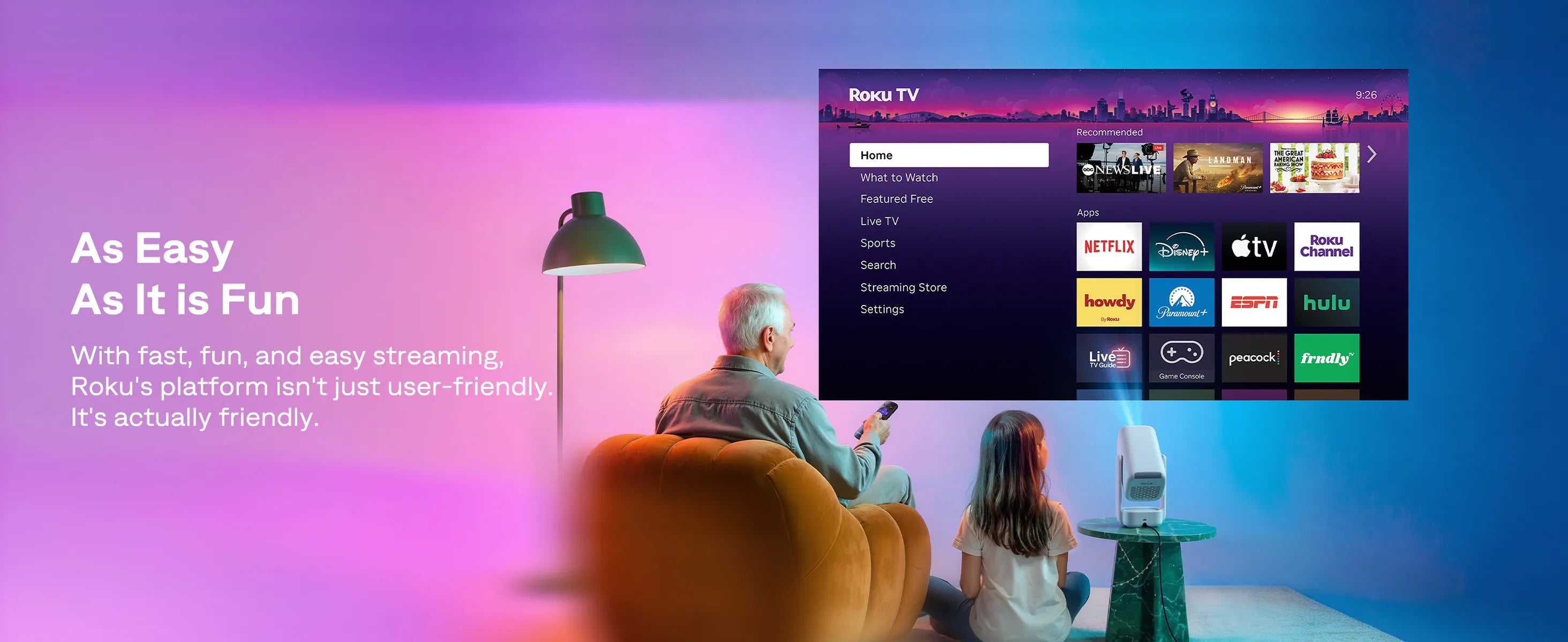 Aurzen EAZZE D1R air Roku TV projector with simple streaming interface for family viewing