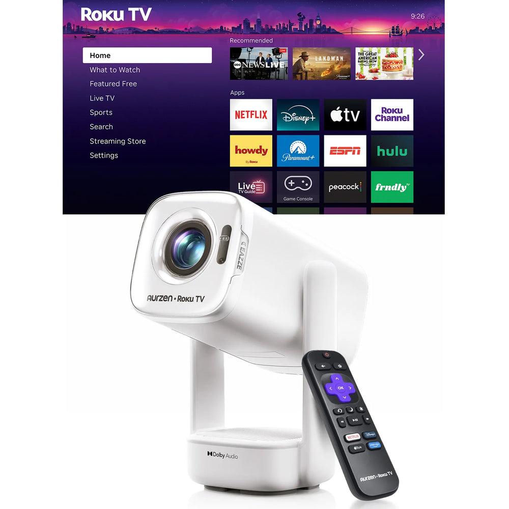 White projector on stand with included black Roku remote beside it