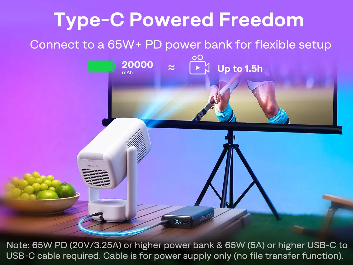 Aurzen EAZZE D1R air USB-C powered projector connected to a 65W power bank for outdoor use
