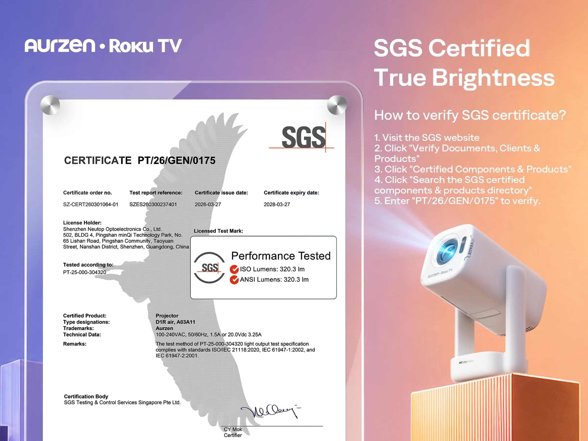 Aurzen EAZZE D1R air projector with SGS-certified 300 ANSI lumens true brightness