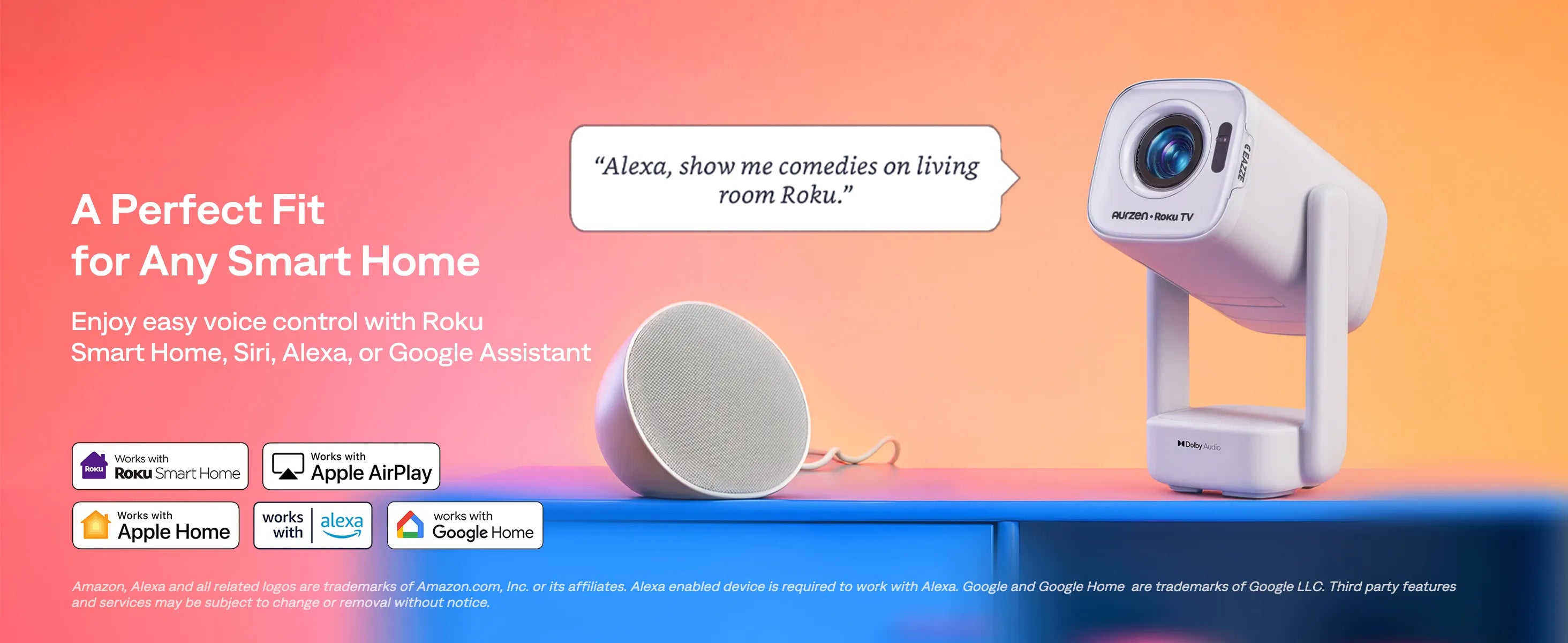 Aurzen EAZZE D1R air Roku TV projector compatible with Roku Smart Home, Apple Home, Alexa, and Google Home