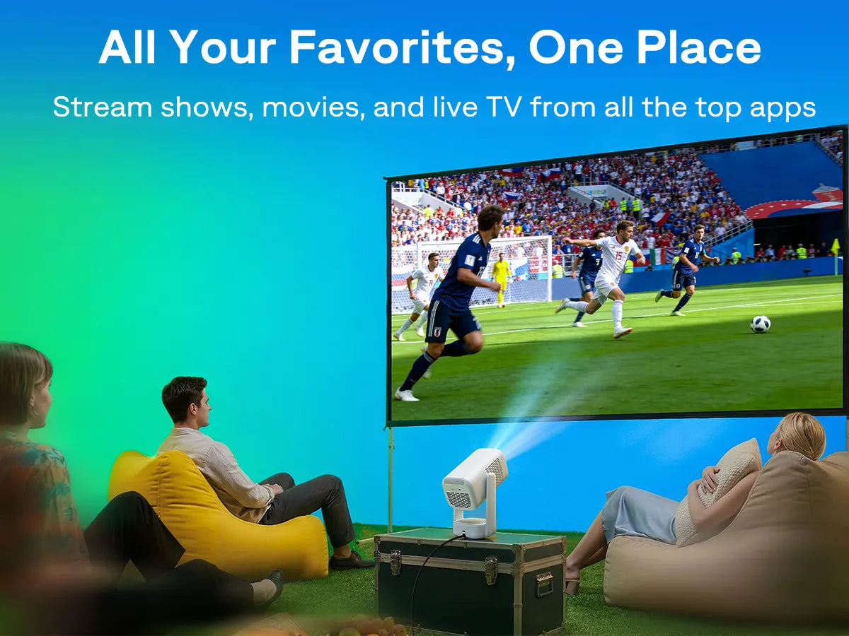 Aurzen EAZZE D1R air portable Roku TV projector streaming movies, shows, sports, and live TV