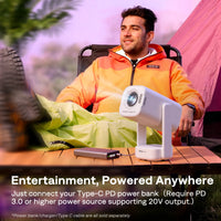 Aurzen EAZZE D1R air portable projector powered by USB-C PD power bank for outdoor entertainment