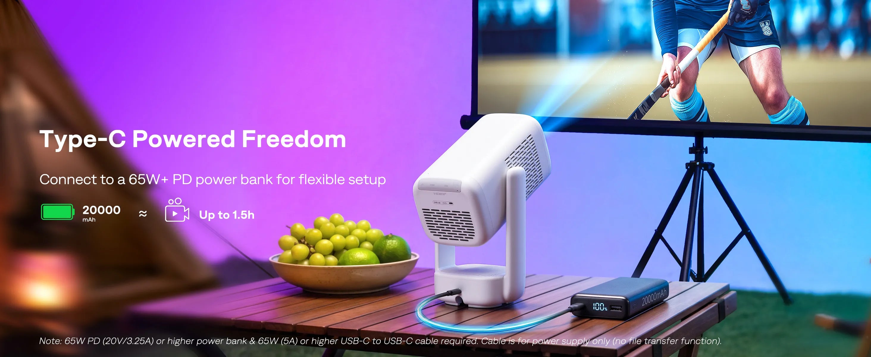 Aurzen EAZZE D1R air USB-C powered projector connected to a 65W power bank for outdoor use