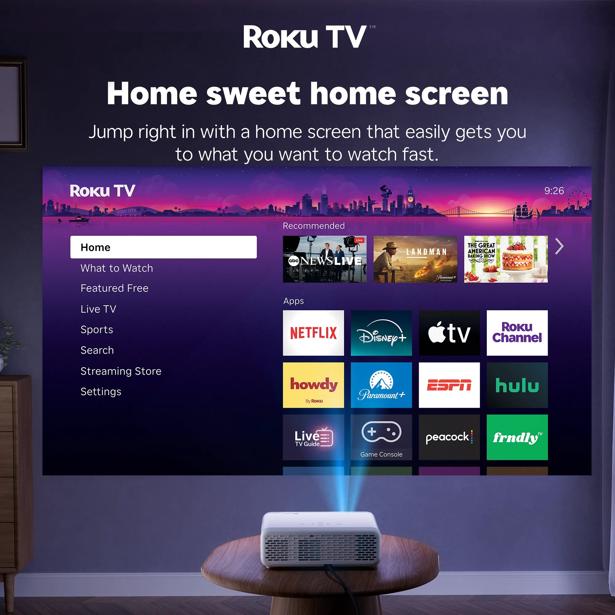 Roku TV home screen projected by Aurzen EAZZE D1R Smart Projector in living room