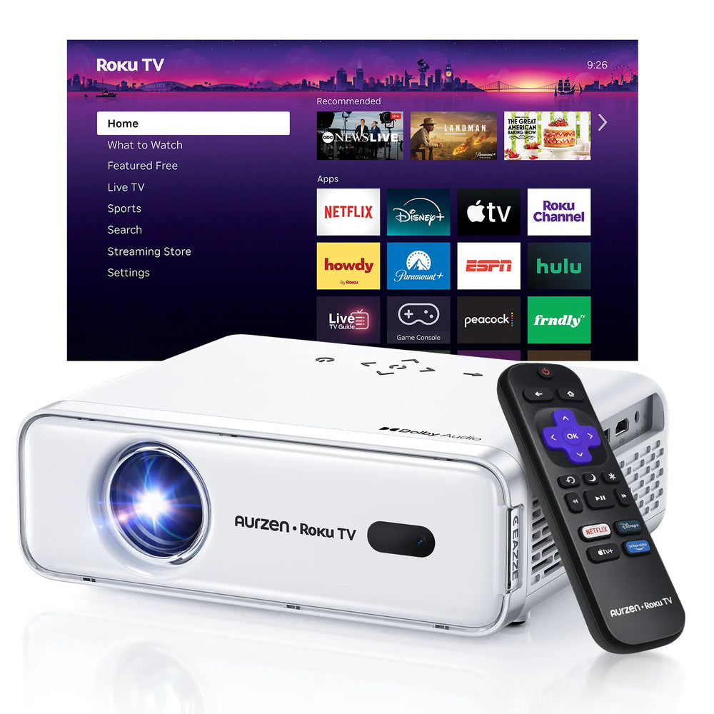 Aurzen EAZZE D1R Roku TV Projector with Roku remote and streaming interface
