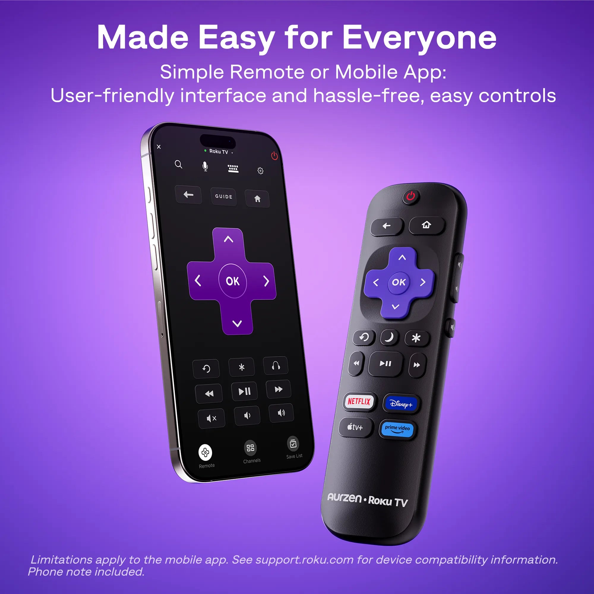 Aurzen Roku TV Smart Projector remote and mobile app showing easy control interface
