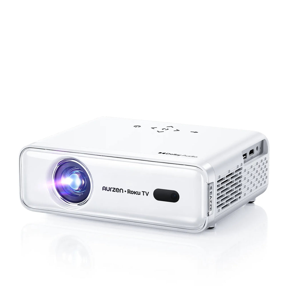 Aurzen EAZZE D1R Roku TV Smart Projector front view with lens and Dolby Audio logo