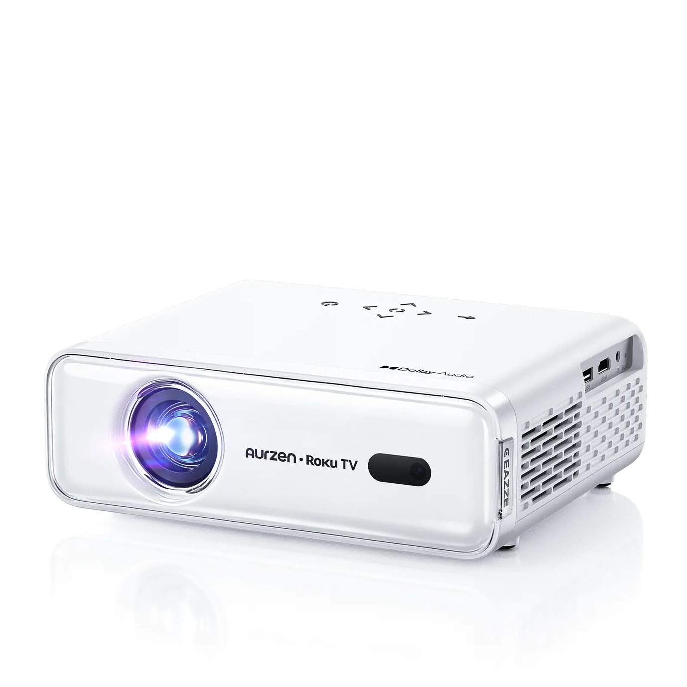 Aurzen EAZZE D1R Roku TV Smart Projector front view with lens and Dolby Audio logo