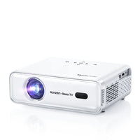 Aurzen EAZZE D1R Roku TV Smart Projector front view with lens and Dolby Audio logo