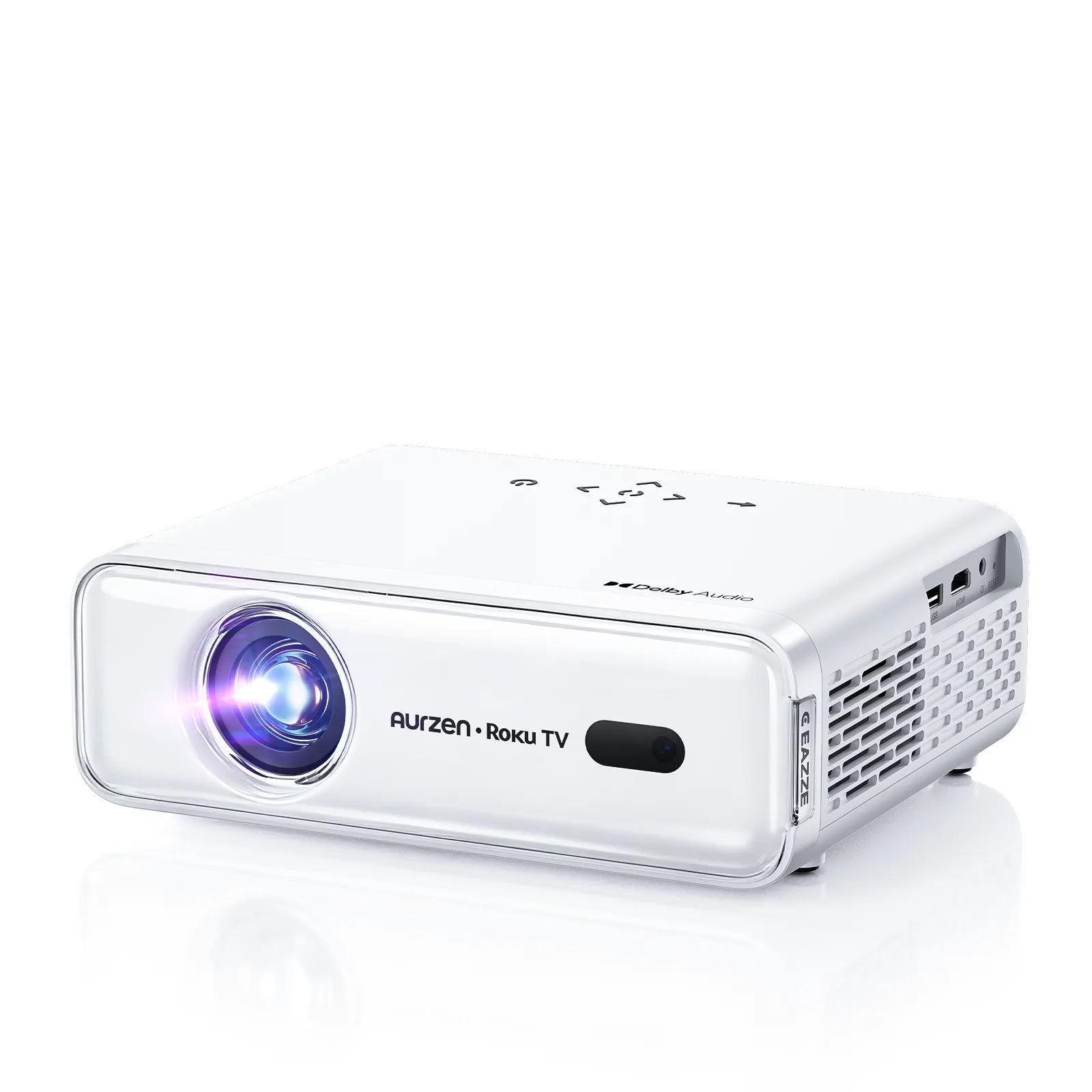 Aurzen EAZZE D1R Roku TV Smart Projector front view with lens and Dolby Audio logo