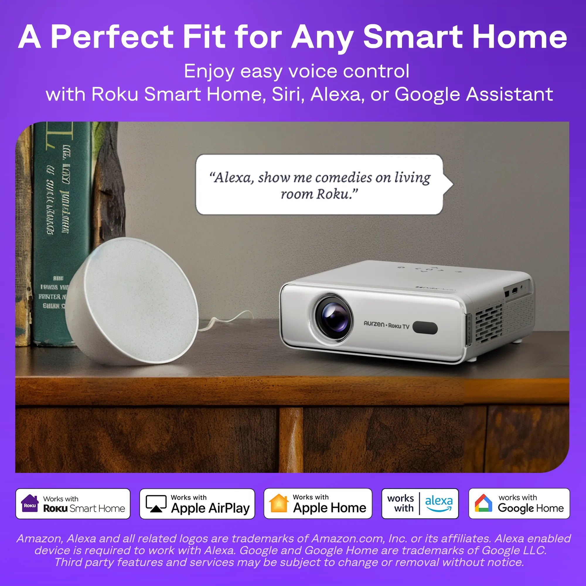 Aurzen Roku TV projector compatible with Alexa, Siri, and Google Assistant voice control