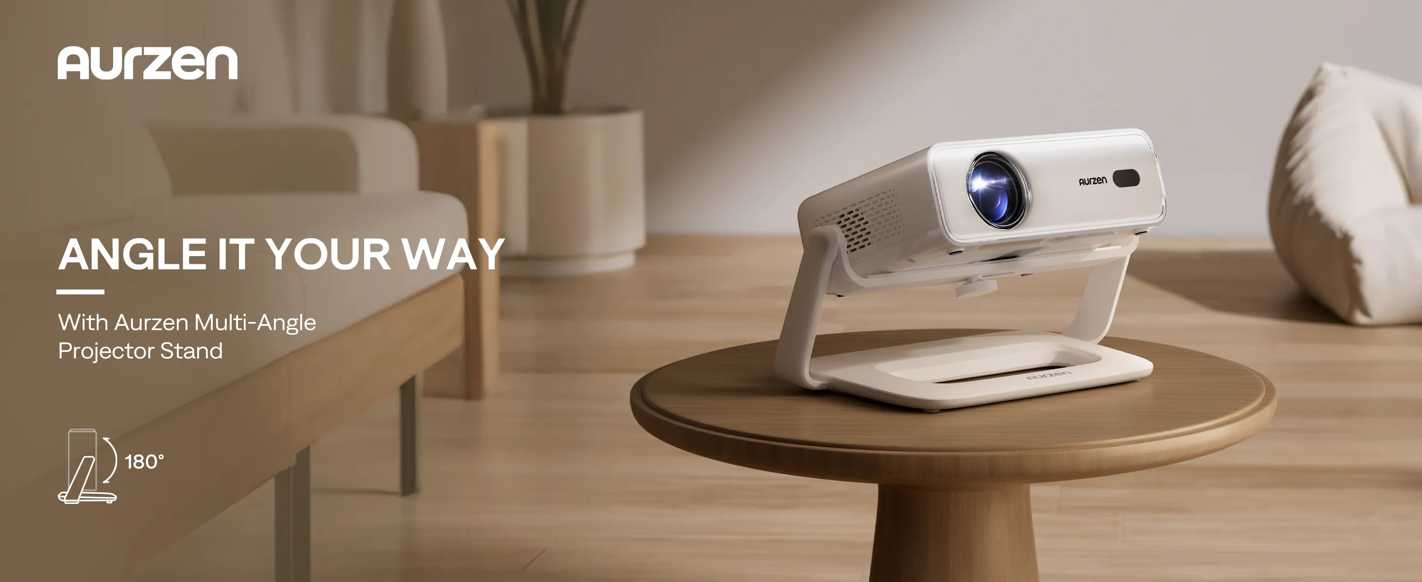 Aurzen multi-angle projector stand on table with 180° adjustment