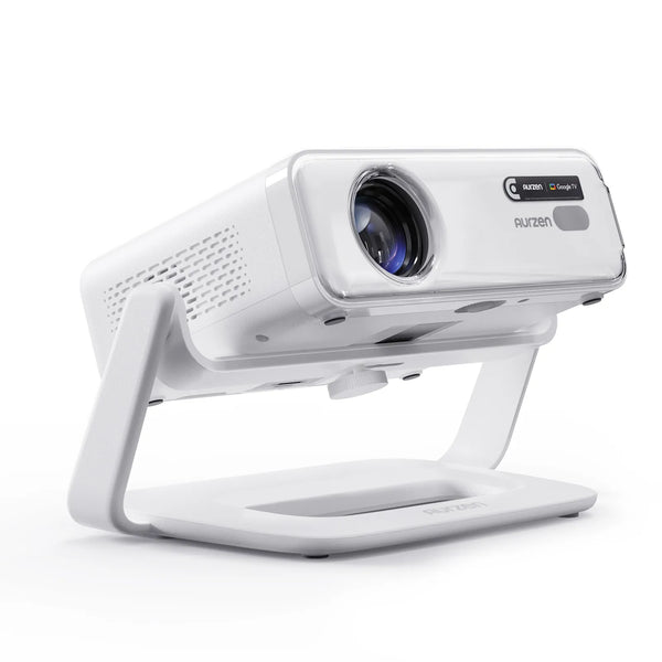 White projector stand with angled holder for mounting a front projector
