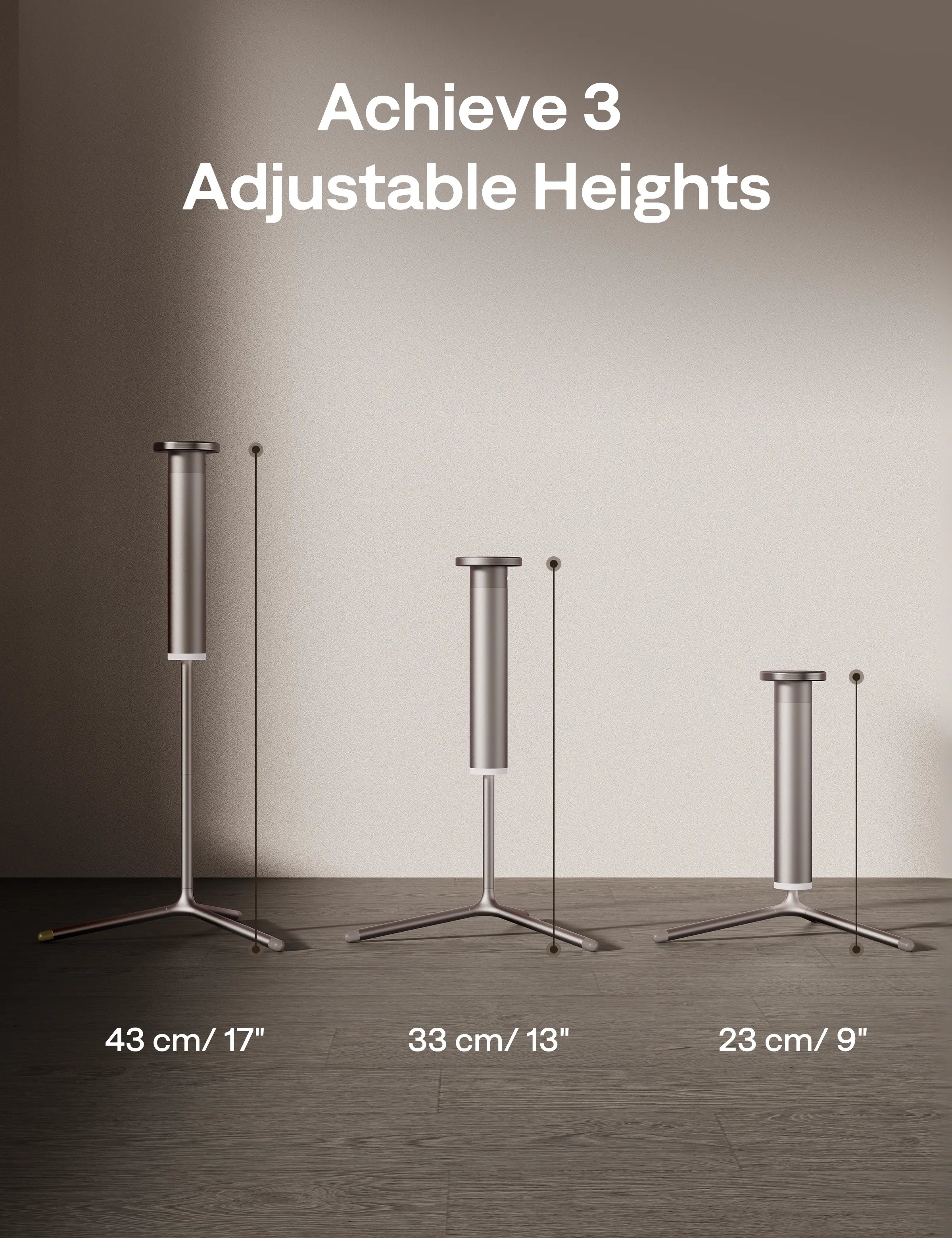 Aurzen PowerPlay Stand supports three adjustable heights: 9 inch, 13 inch, and 17 inch