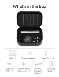 Aurzen PowerPlay Stand package contents including rods, connector base, power tube, magnetic holder, screw connector, USB-C cable, and carrying case