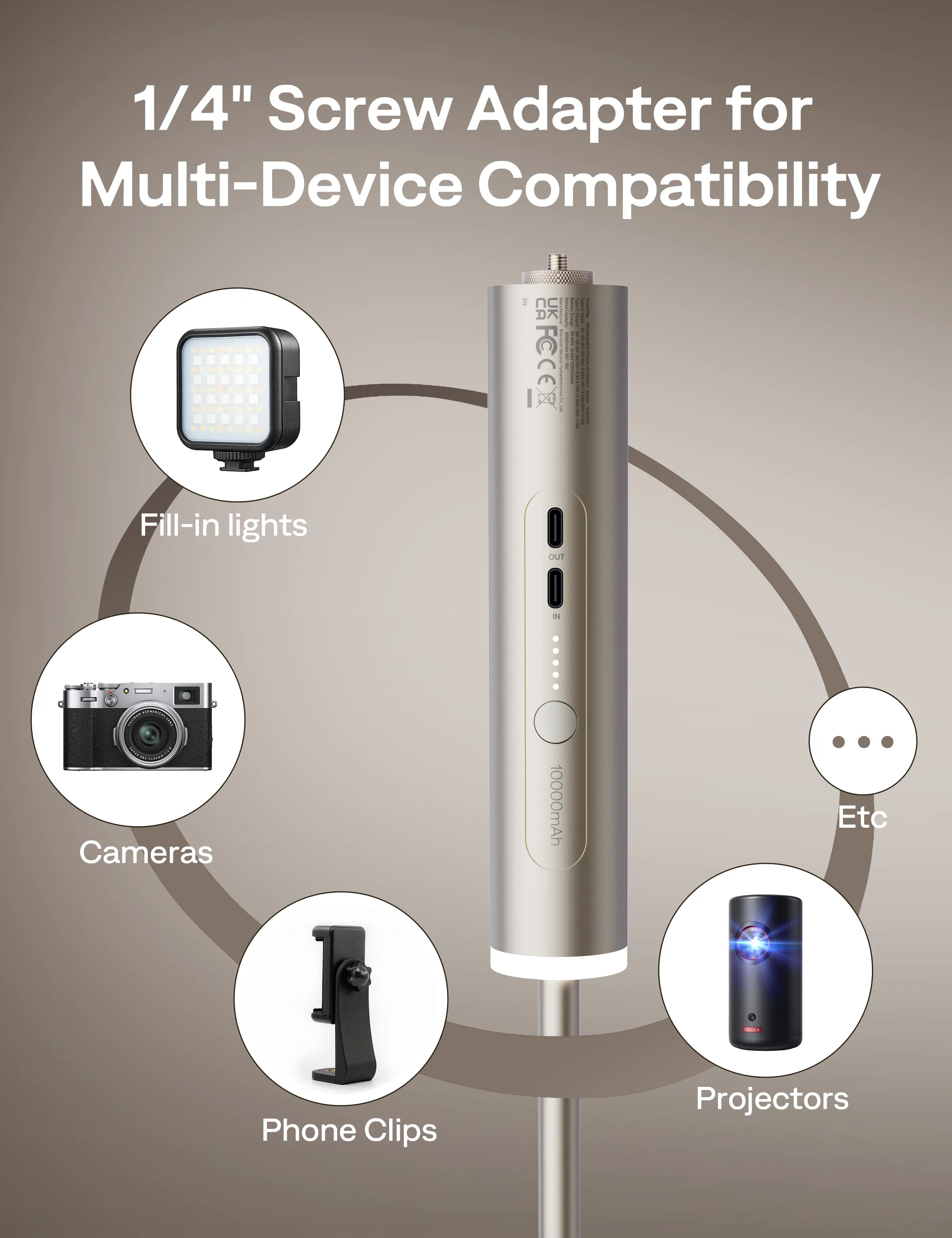 Aurzen PowerPlay 3-in-1 Projector Stand with 10000mAh Power Bank, compatible with projectors, cameras, lights, and phone clips