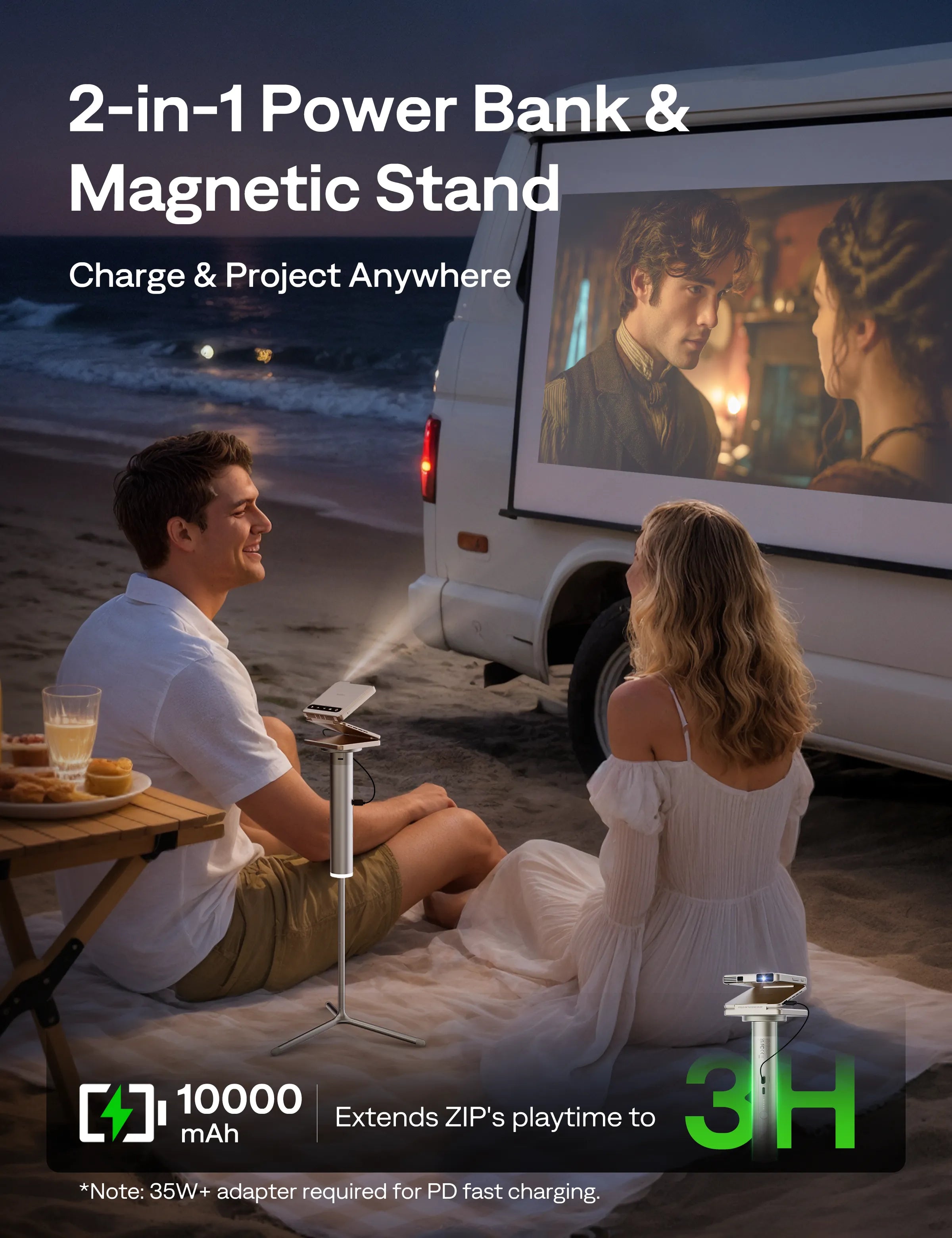 Aurzen PowerPlay 3-in-1 Projector Stand with built-in 10000mAh power bank, magnetic stand for outdoor movie projection