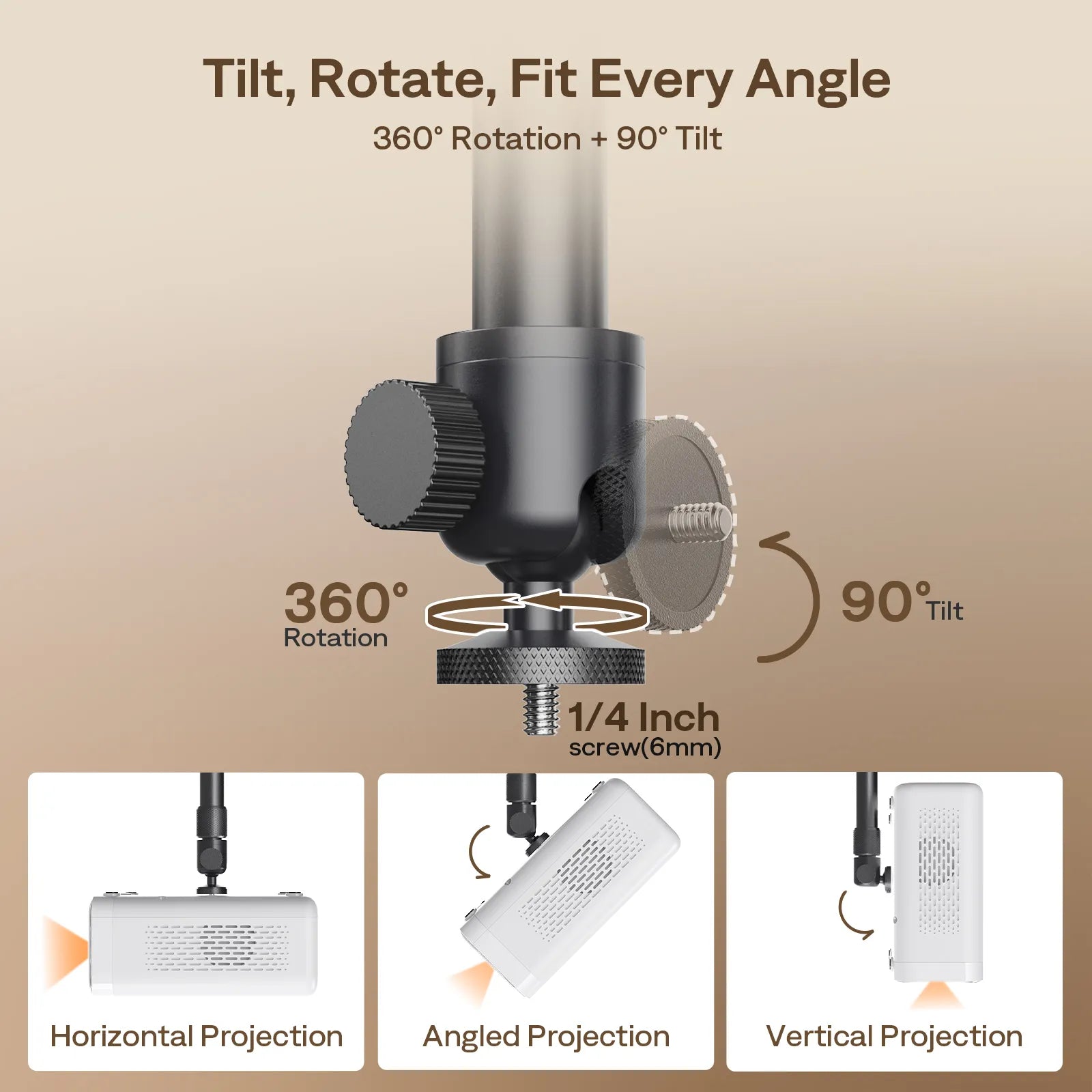 Universal projector mount with 360° rotation and 90° tilt for flexible angles