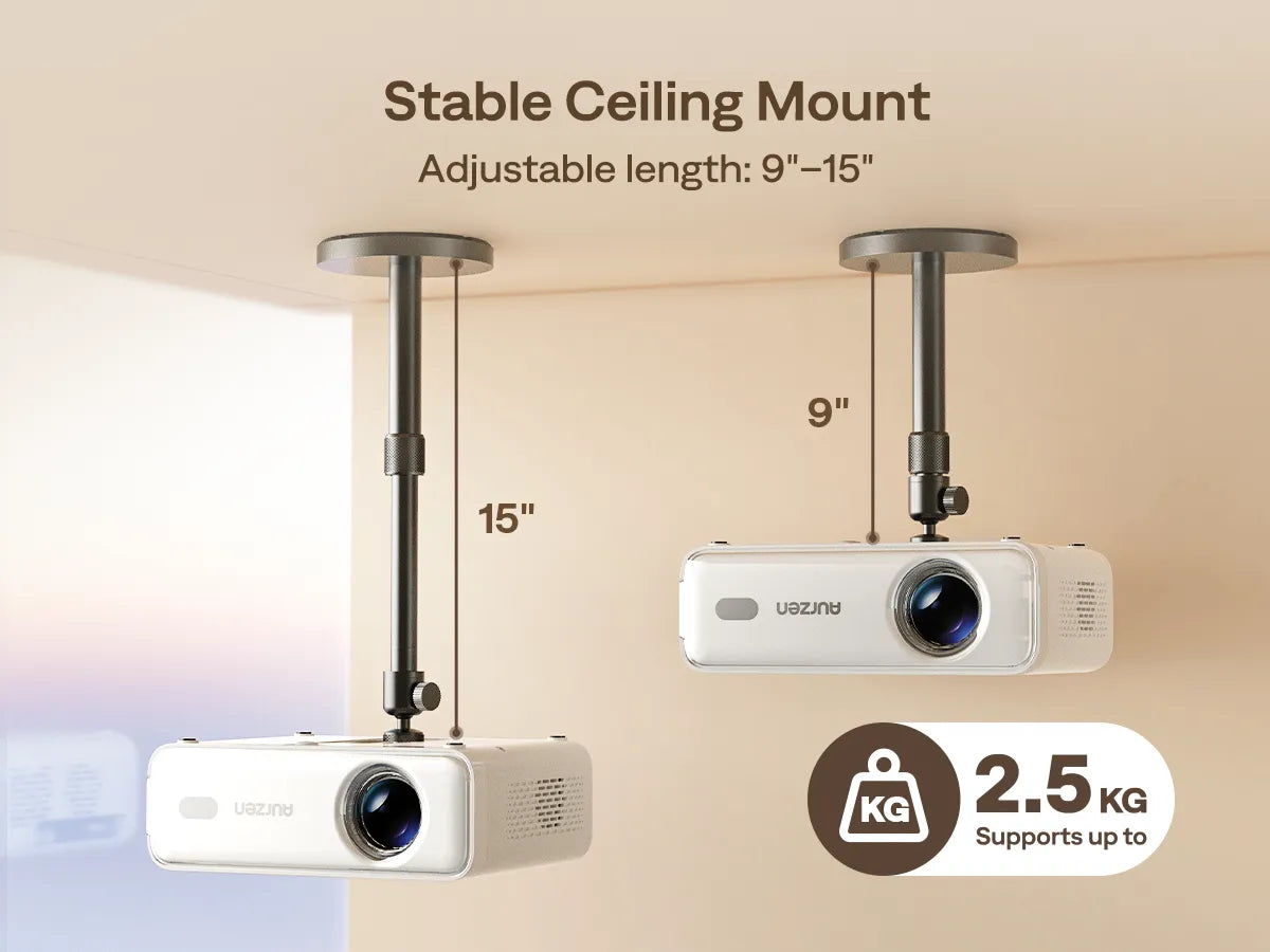 Aurzen projector ceiling mount adjustable length from 9 to 15 inches, supports up to 2.5kg