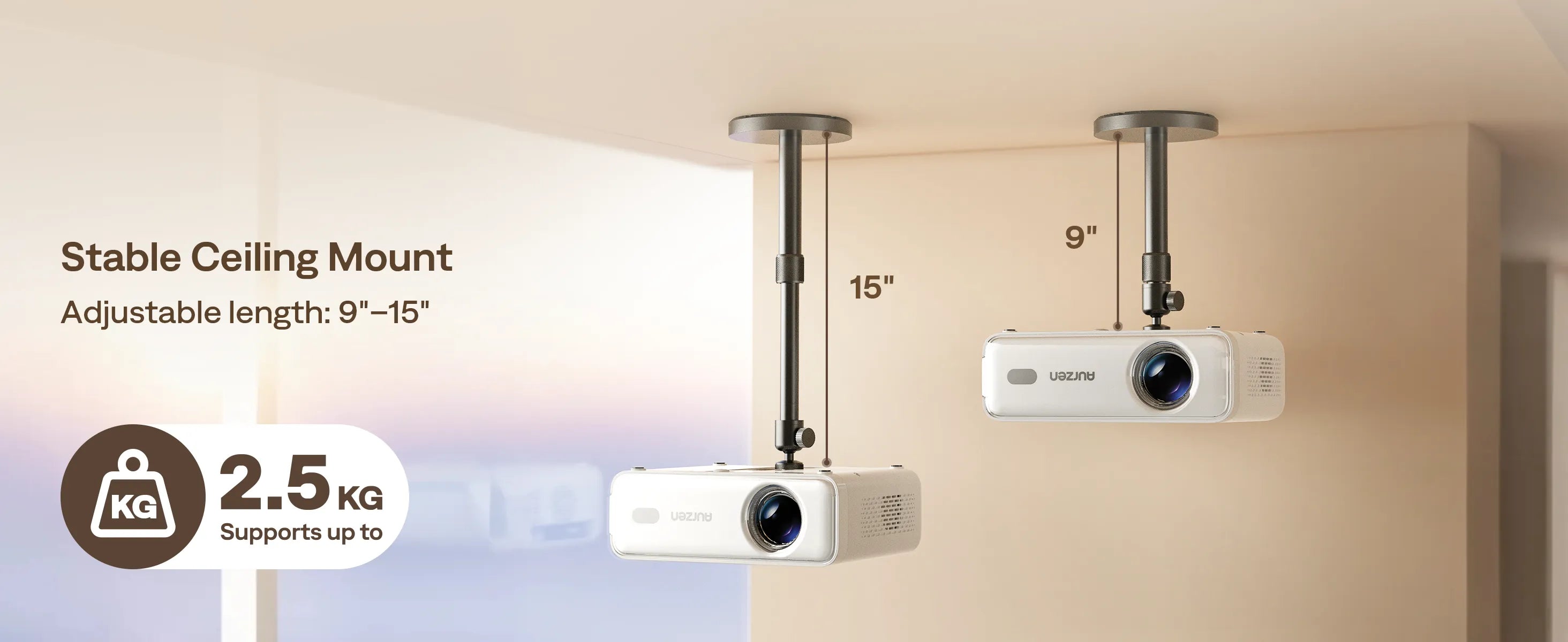 Aurzen projector ceiling mount adjustable length from 9 to 15 inches, supports up to 2.5kg