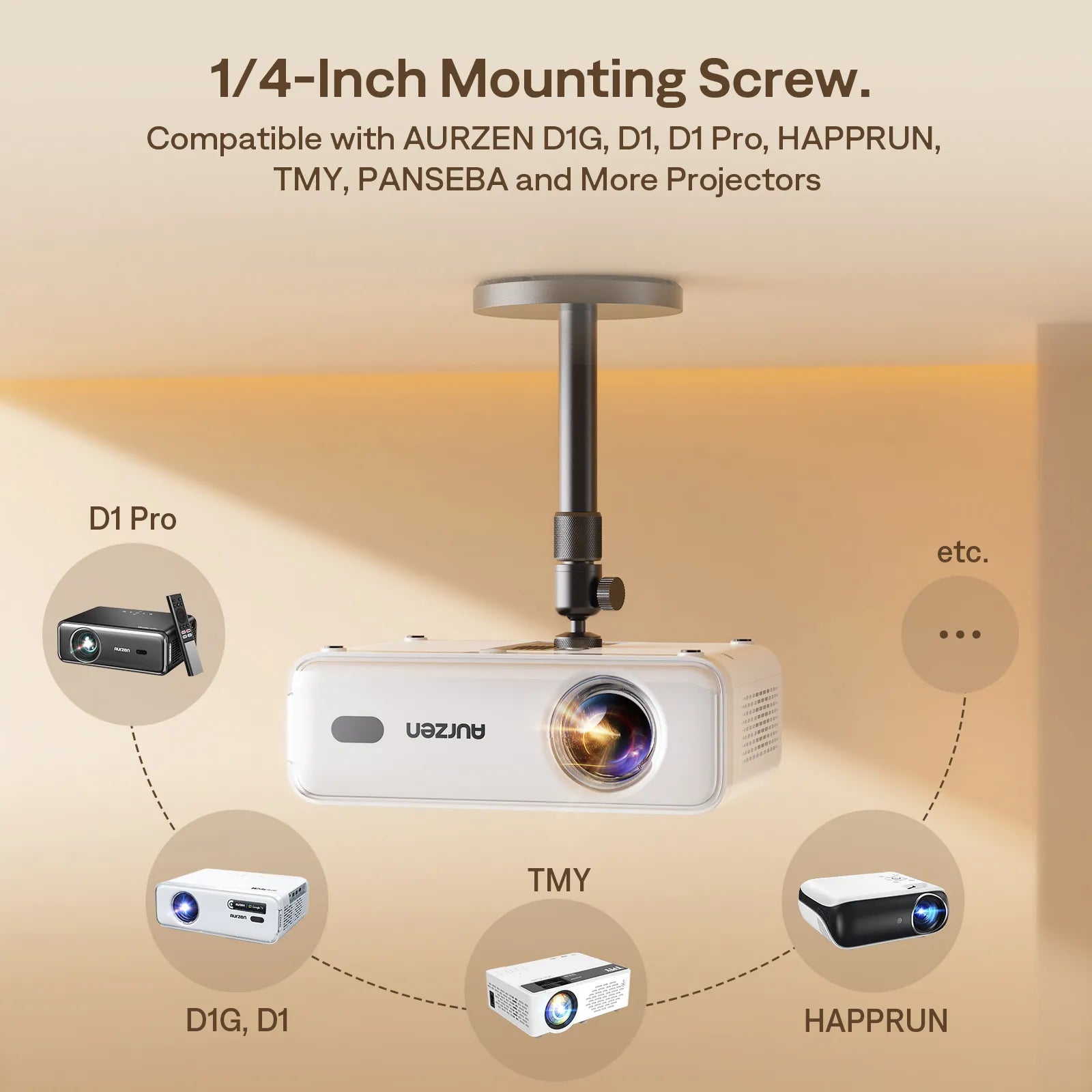 Aurzen ceiling mount compatible with D1 Pro, D1G, TMY, Happrun and more projectors