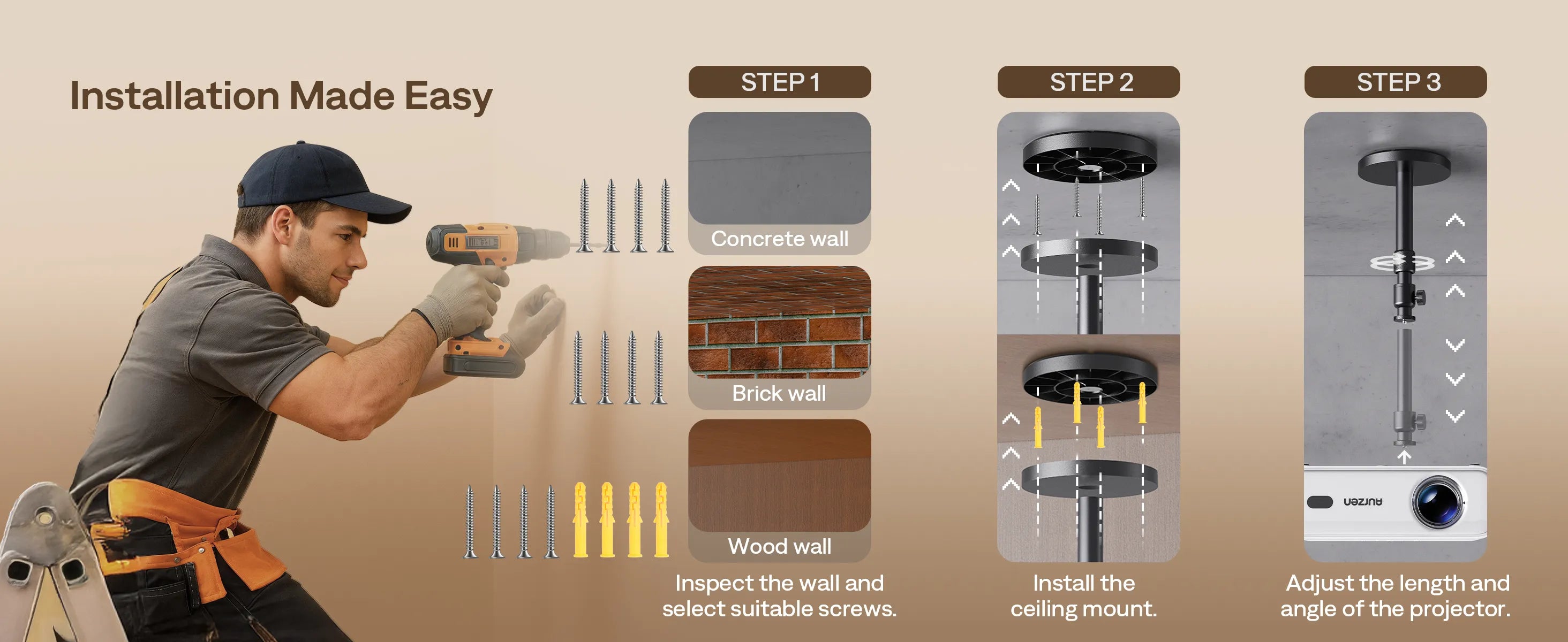 Aurzen projector ceiling mount installation steps for concrete, brick, and wood walls