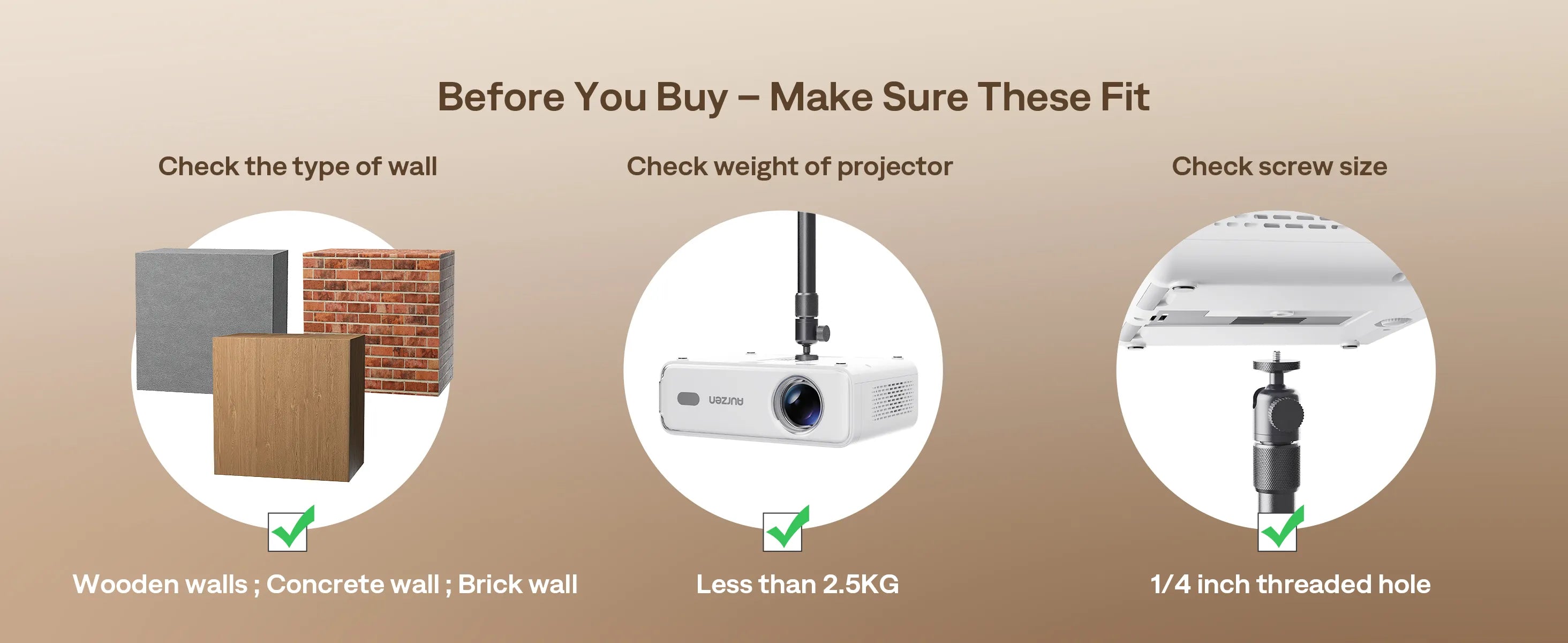 Aurzen projector ceiling mount installation guide – check wall type, weight support, and screw size before buying
