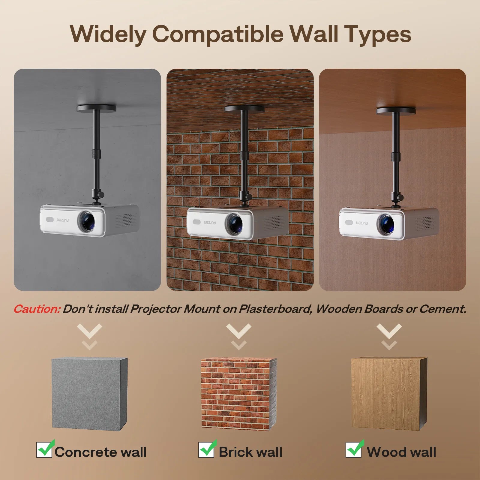 Projector ceiling mount installation on concrete wall, brick wall, and wood wall