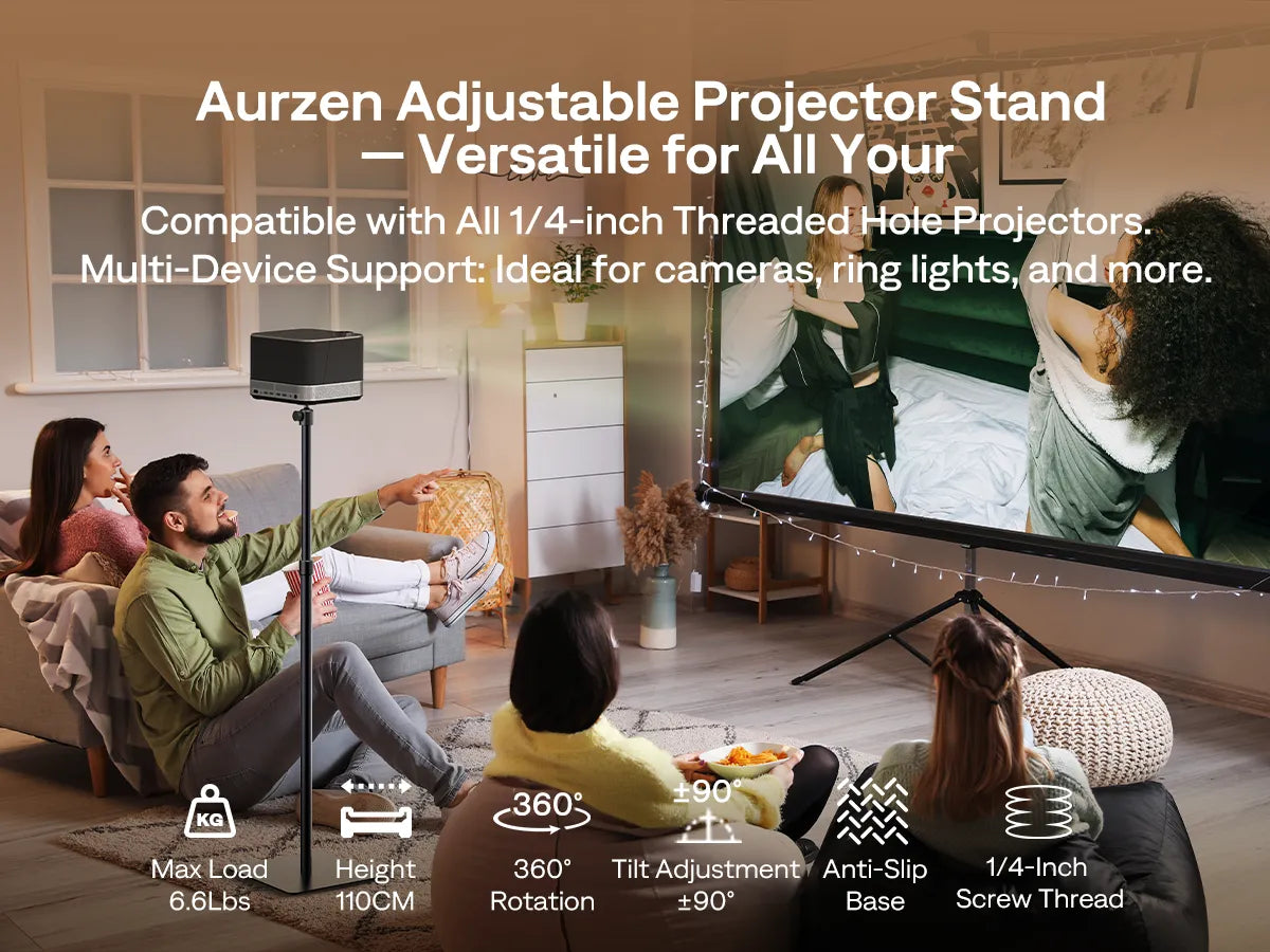 Aurzen Portable Projector Floor Stand used in living room home theater setup with 360° rotation