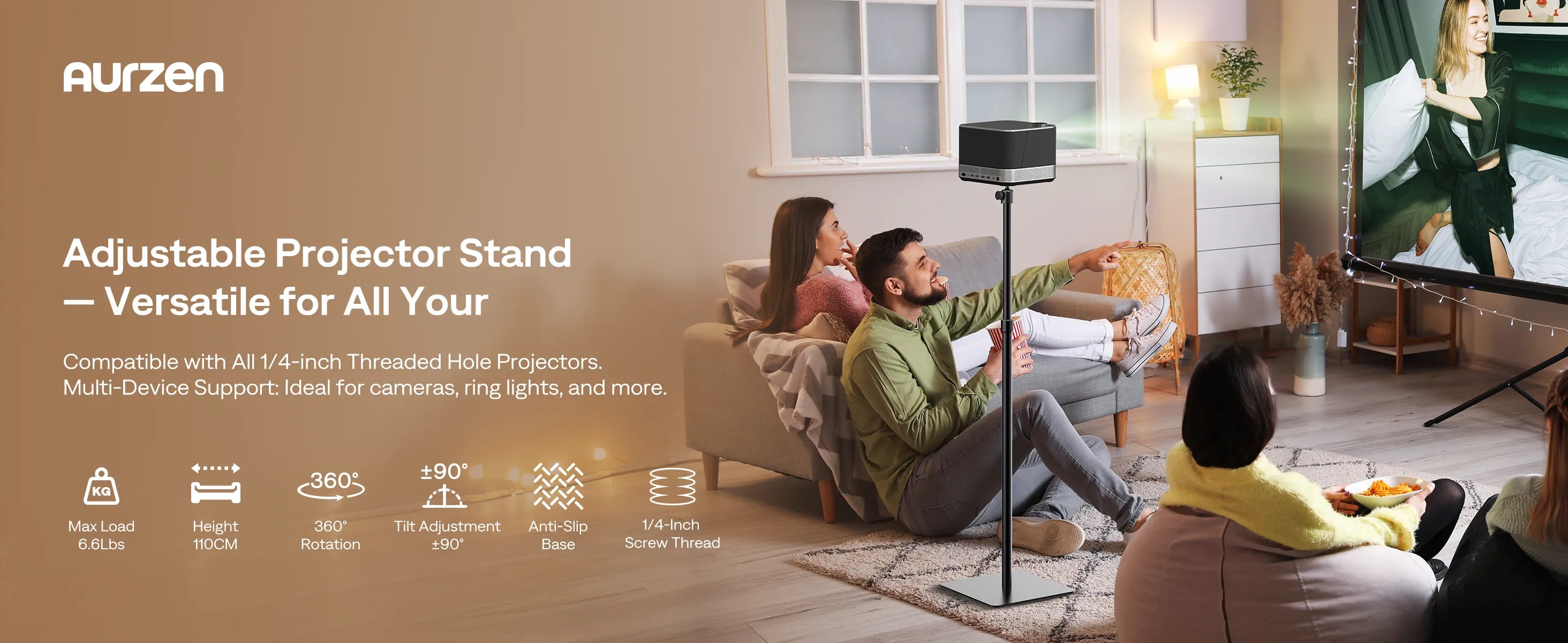 Aurzen Portable Projector Floor Stand used in living room home theater setup with 360° rotation