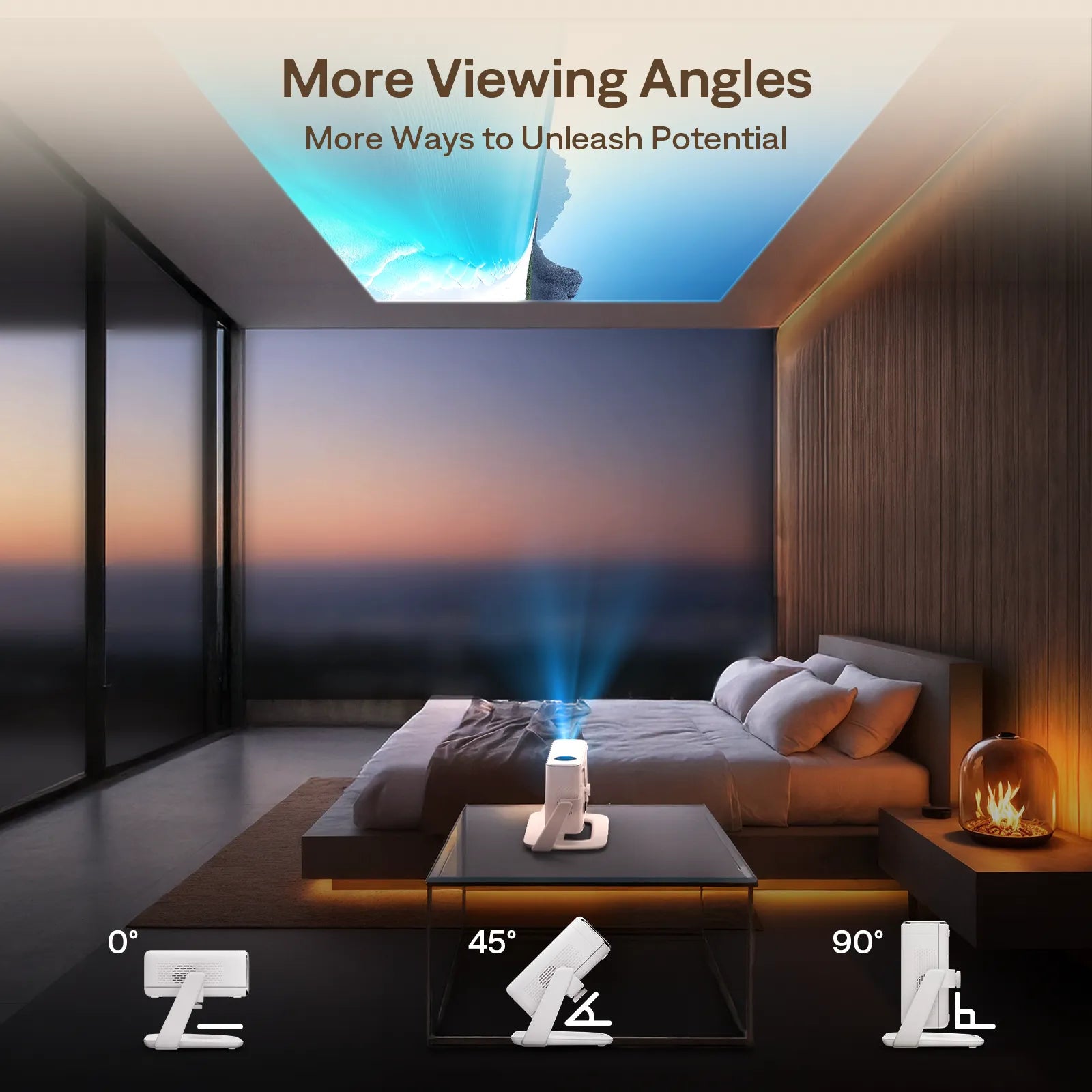 Aurzen projector stand in bedroom setup showing multiple projection angles