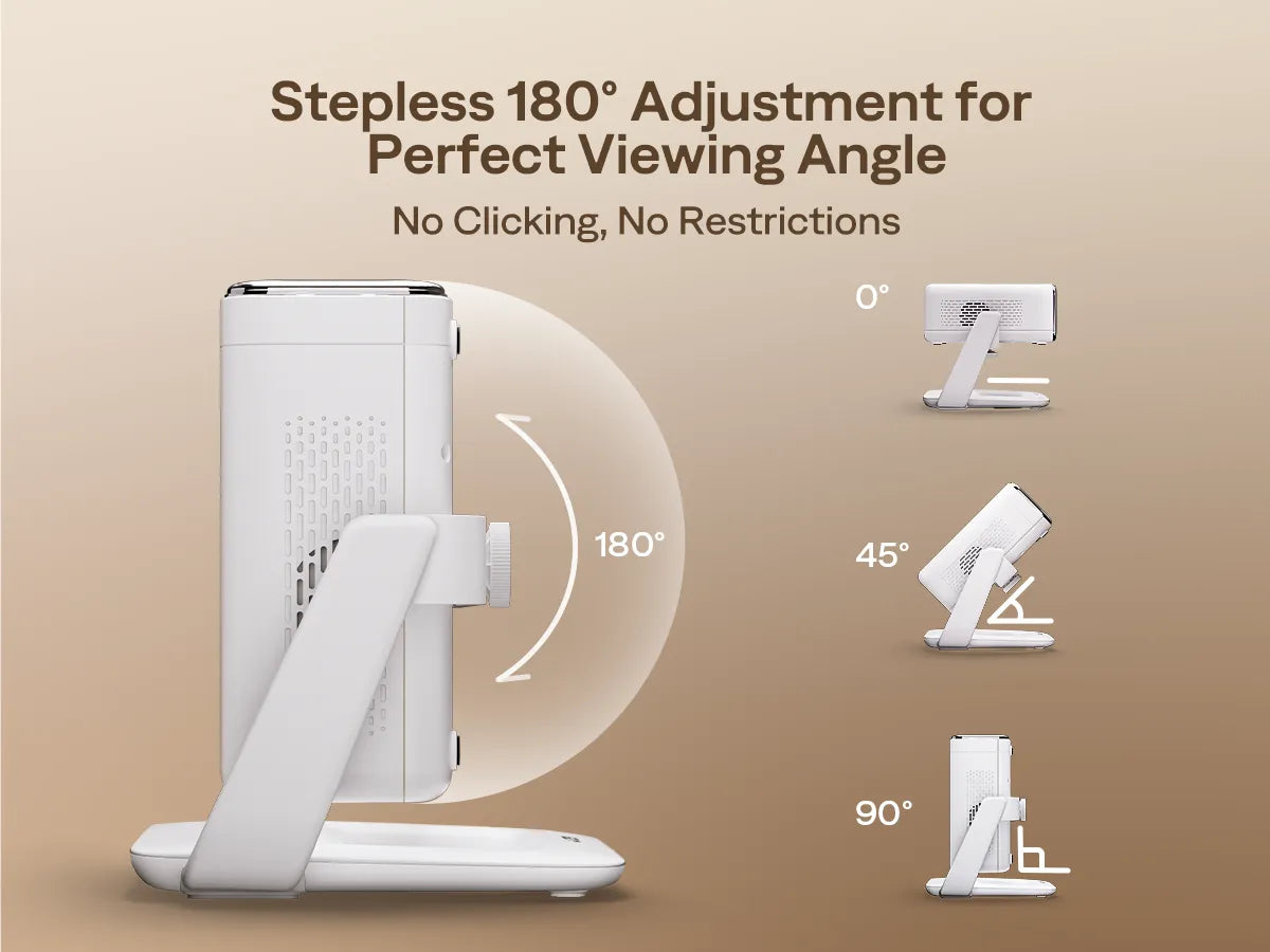 Side view showing Aurzen projector stand with 0°, 45°, and 90° angle settings
