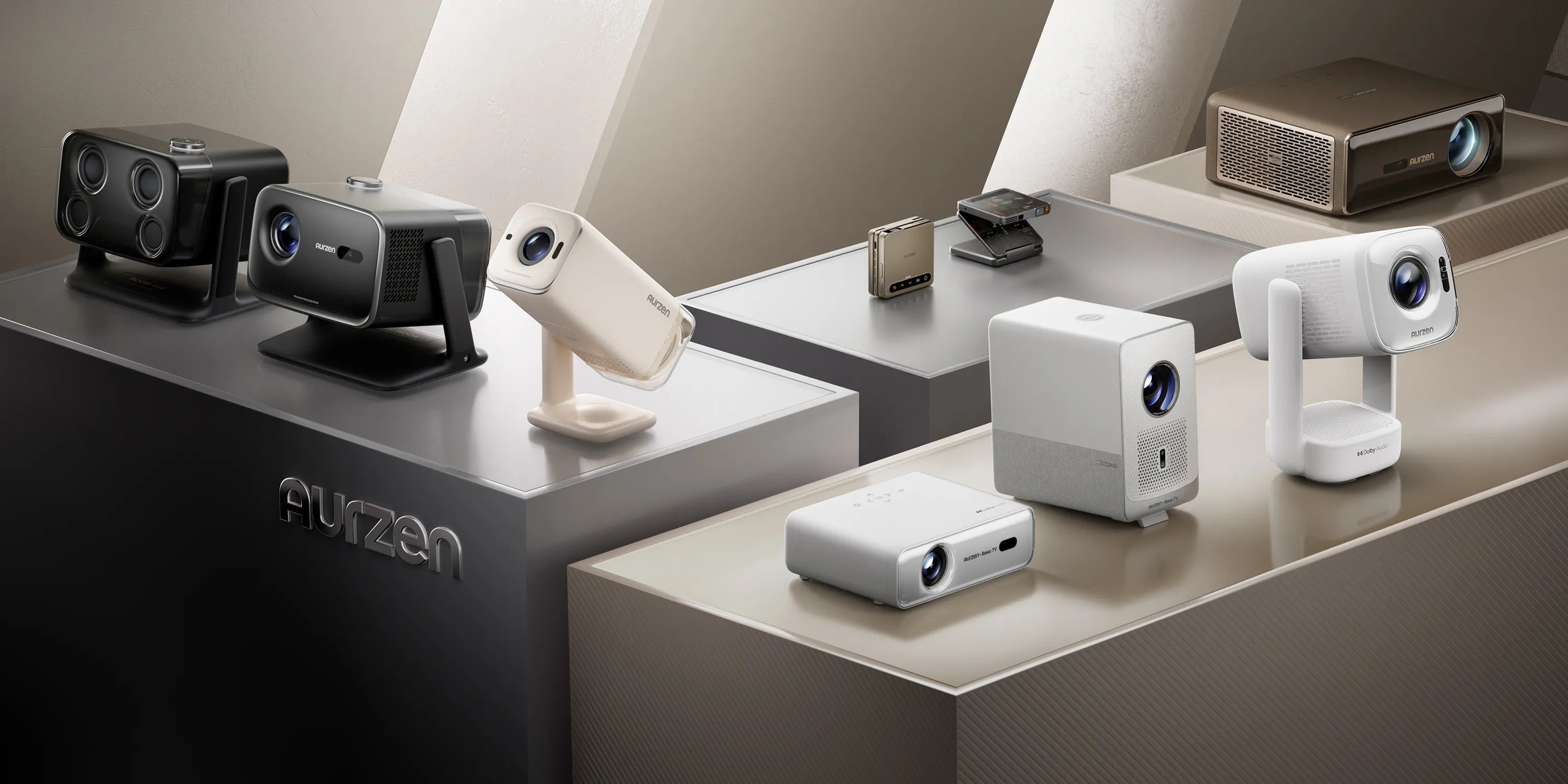Collection of Aurzen projectors and devices on a dark background