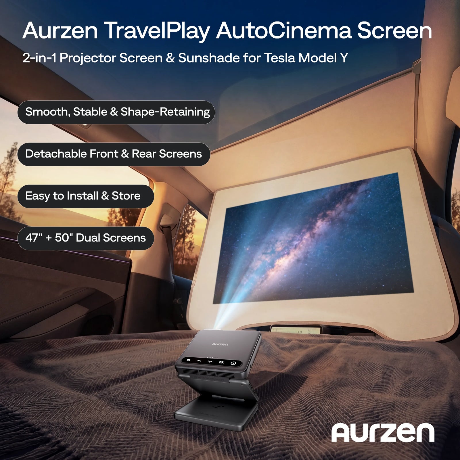 Aurzen TravelPlay AutoCinema Screen for Tesla Model Y with 2-in-1 projector screen and sunshade setup