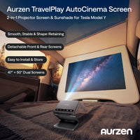 Aurzen TravelPlay AutoCinema Screen for Tesla Model Y with 2-in-1 projector screen and sunshade setup