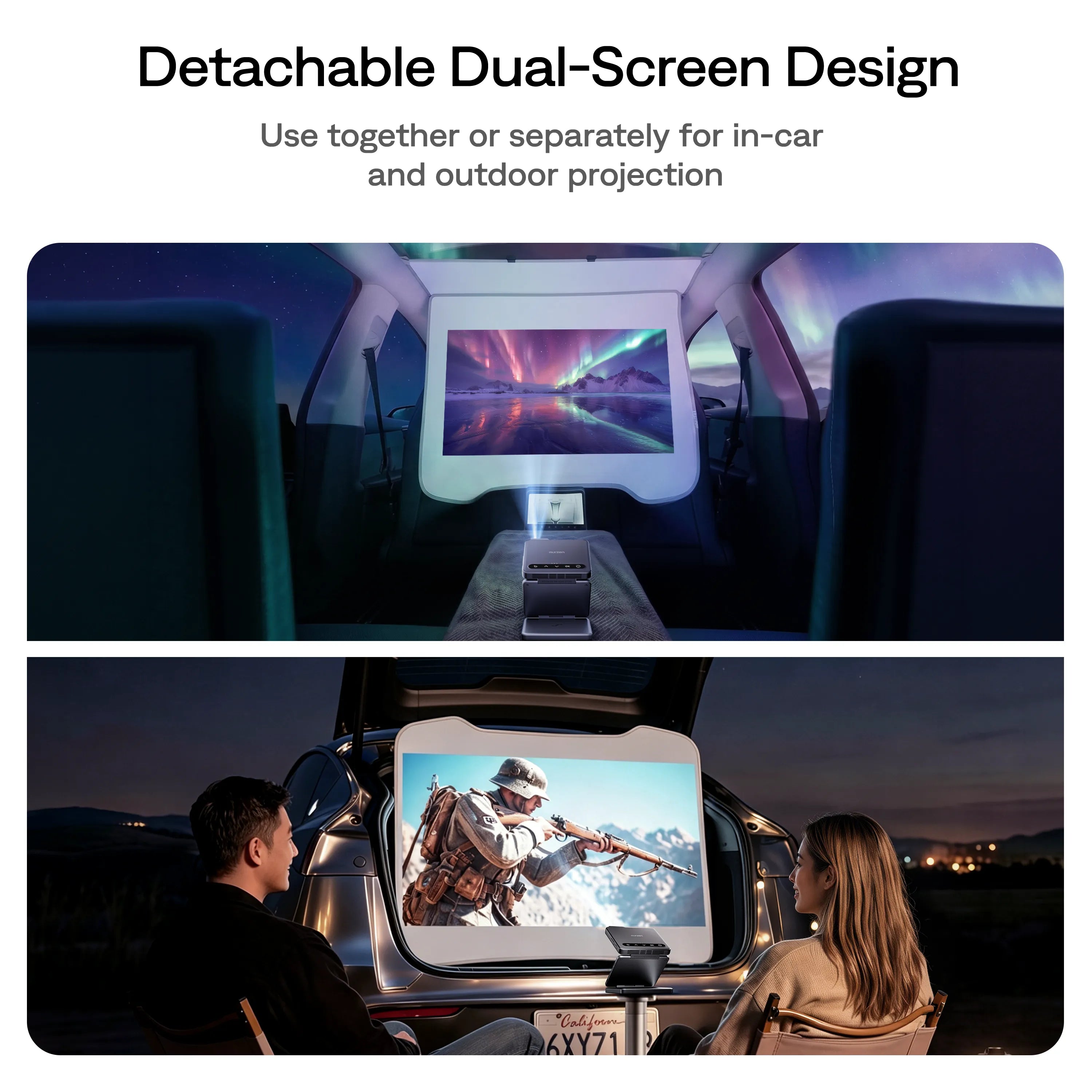 Detachable front and rear projector screens for in-car and outdoor projection with Tesla Model Y