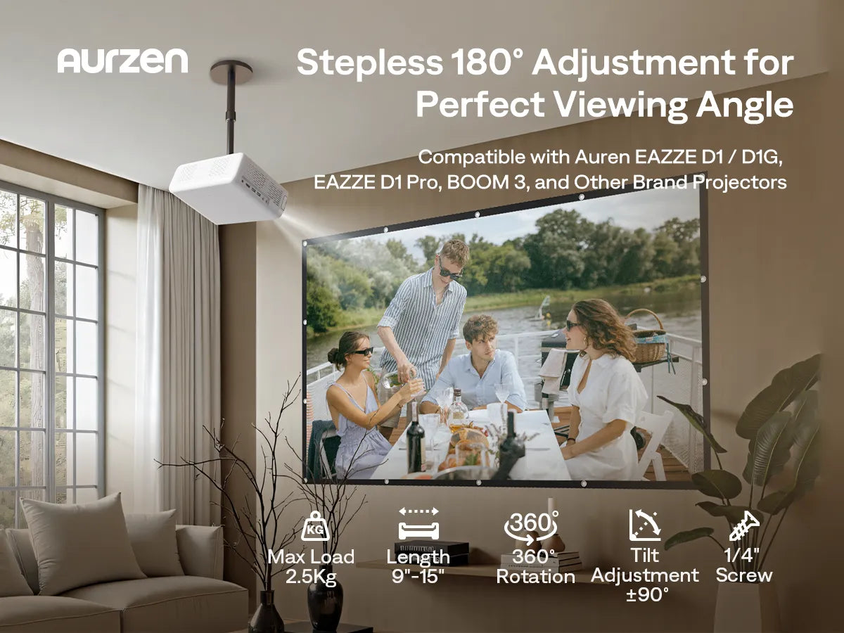 Aurzen 15-inch universal projector ceiling mount with 360° rotation and 90° tilt for home theater setup