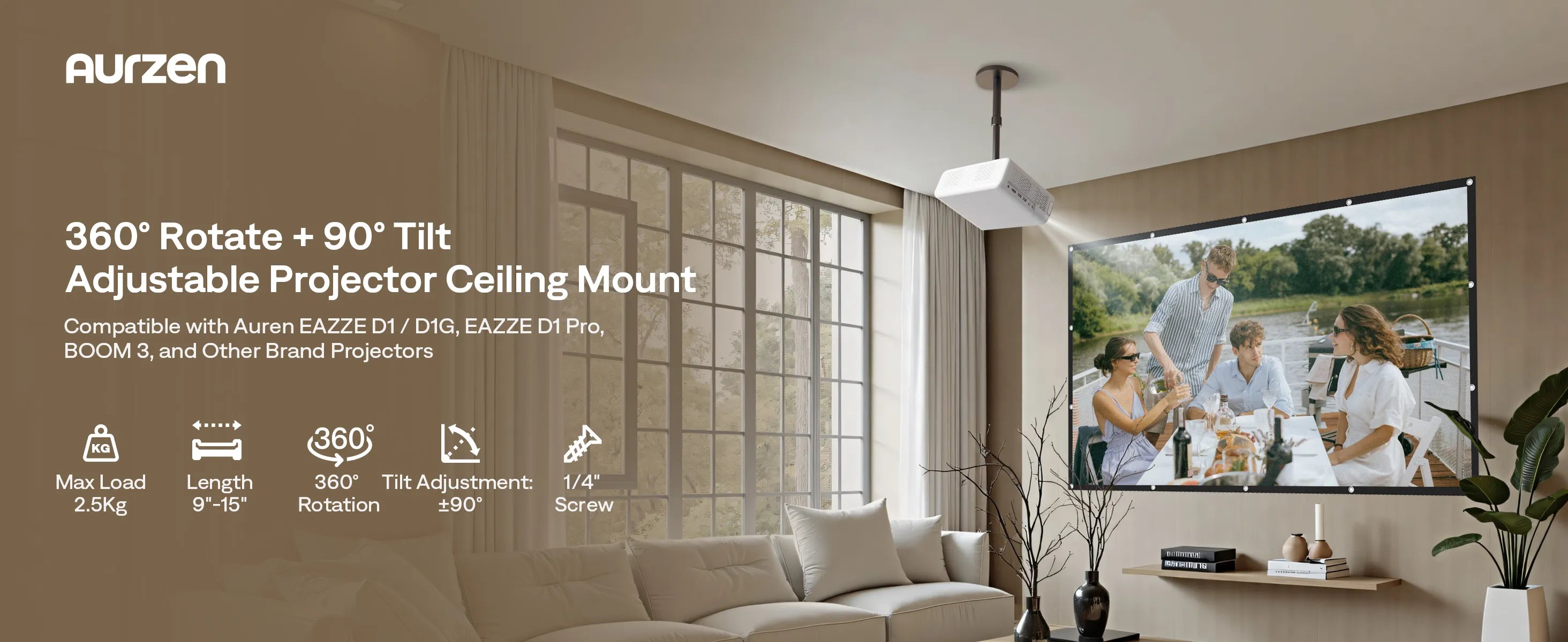 Aurzen 15-inch universal projector ceiling mount with 360° rotation and 90° tilt for home theater setup