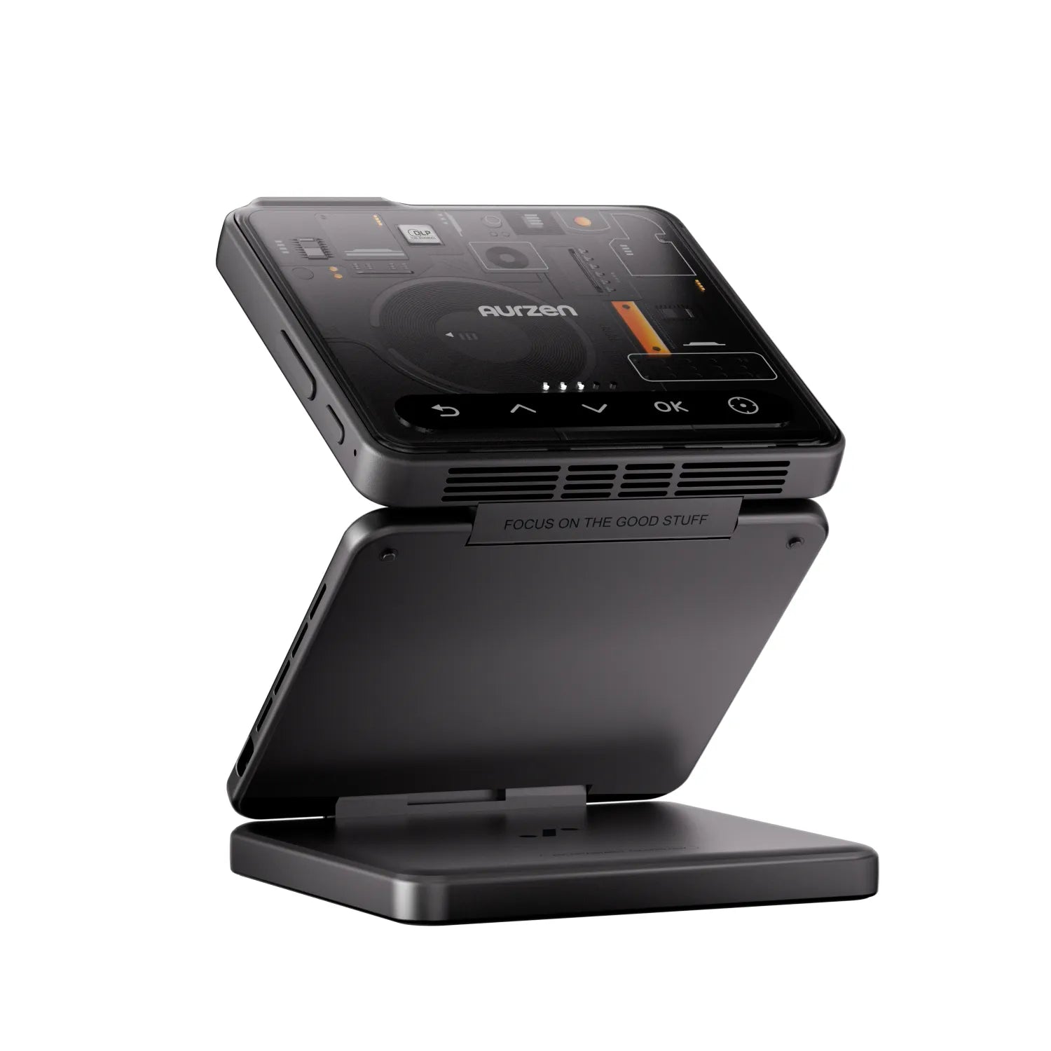Aurzen ZIP Cyber Edition foldable DLP projector with futuristic surface design and adjustable stand mechanism.