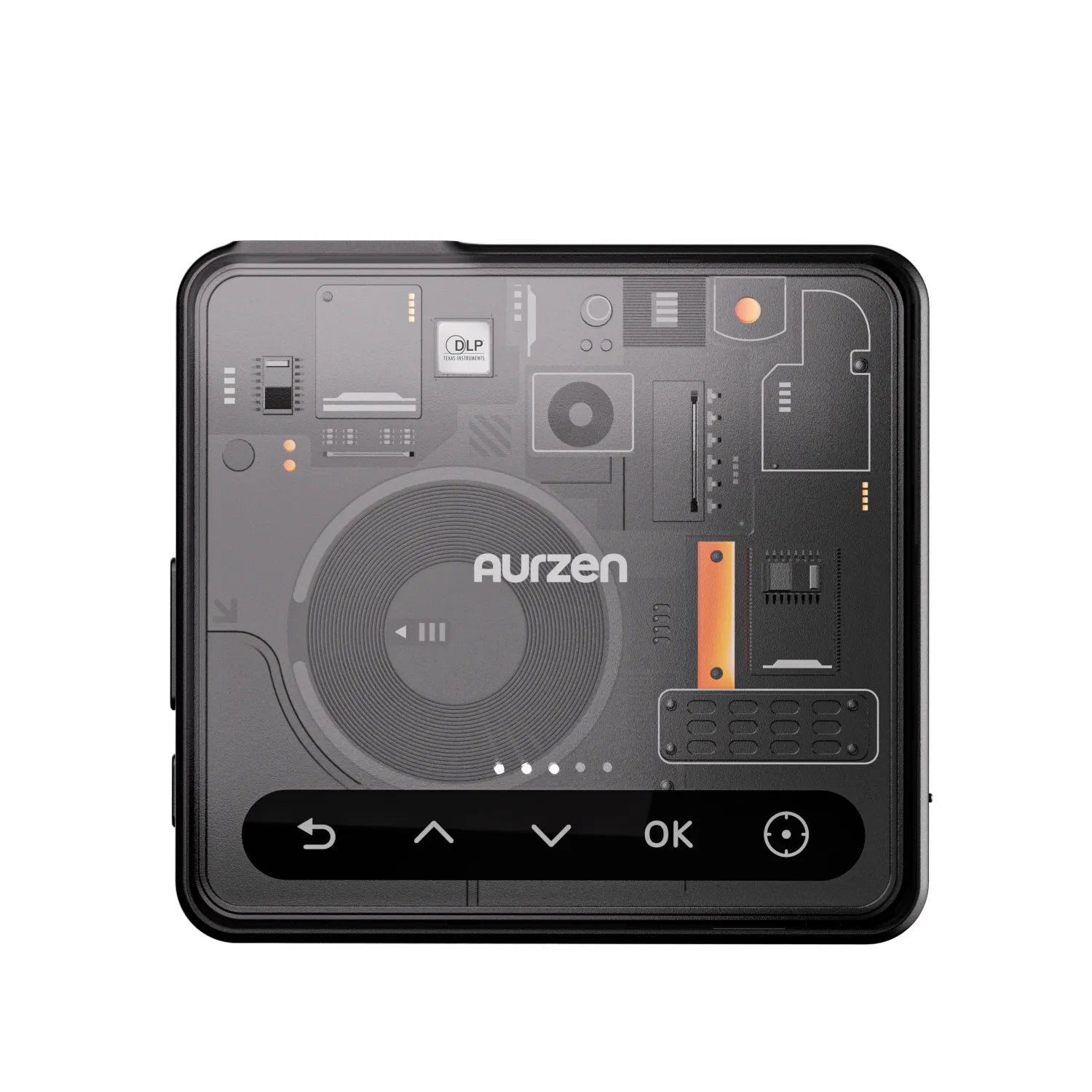 Front close-up of Aurzen ZIP Cyber Edition projector highlighting DLP chip, cyber-inspired detailing, and intuitive touch controls.