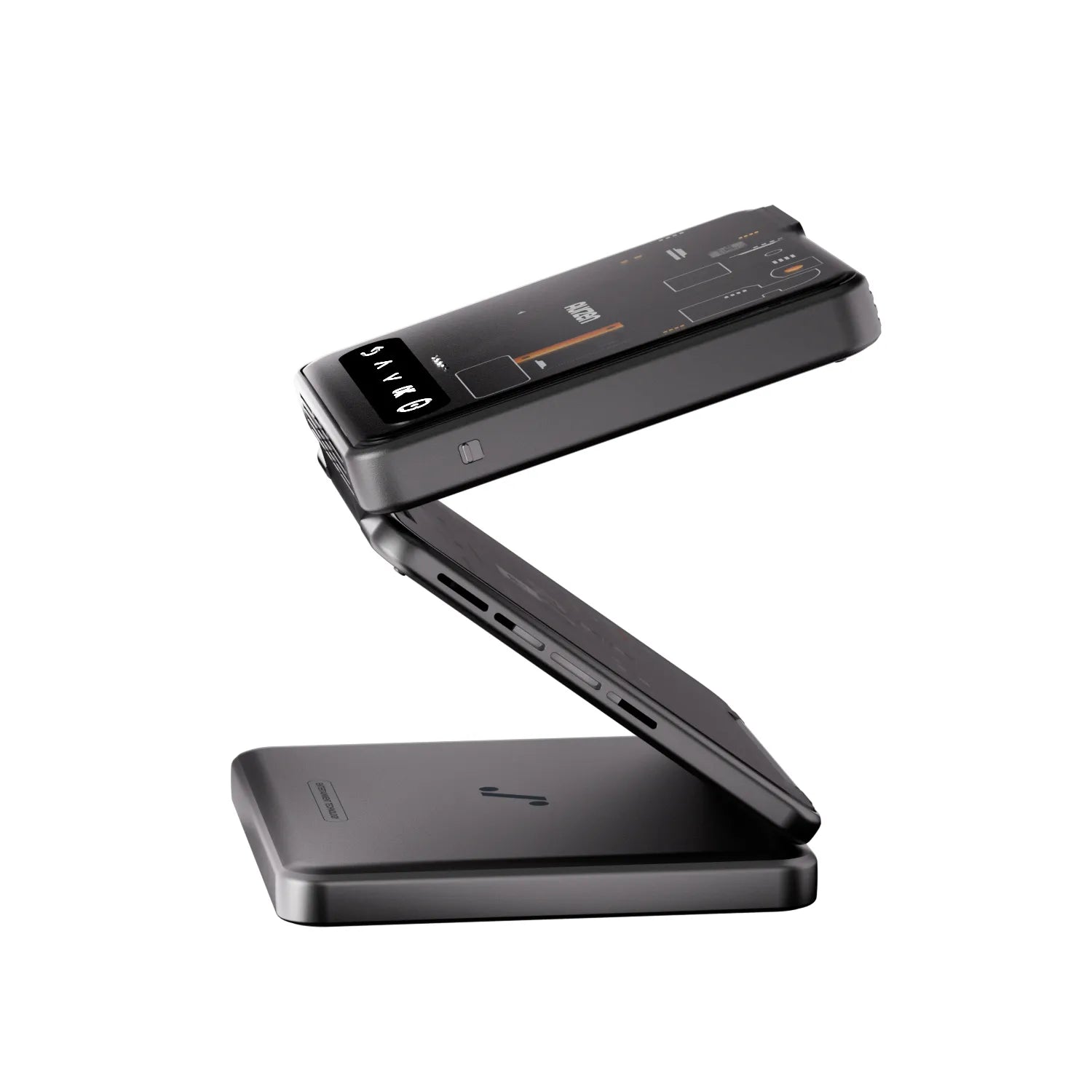 Side view of Aurzen ZIP Cyber Edition mini projector in folded position, showcasing its slim hinge and sleek build.