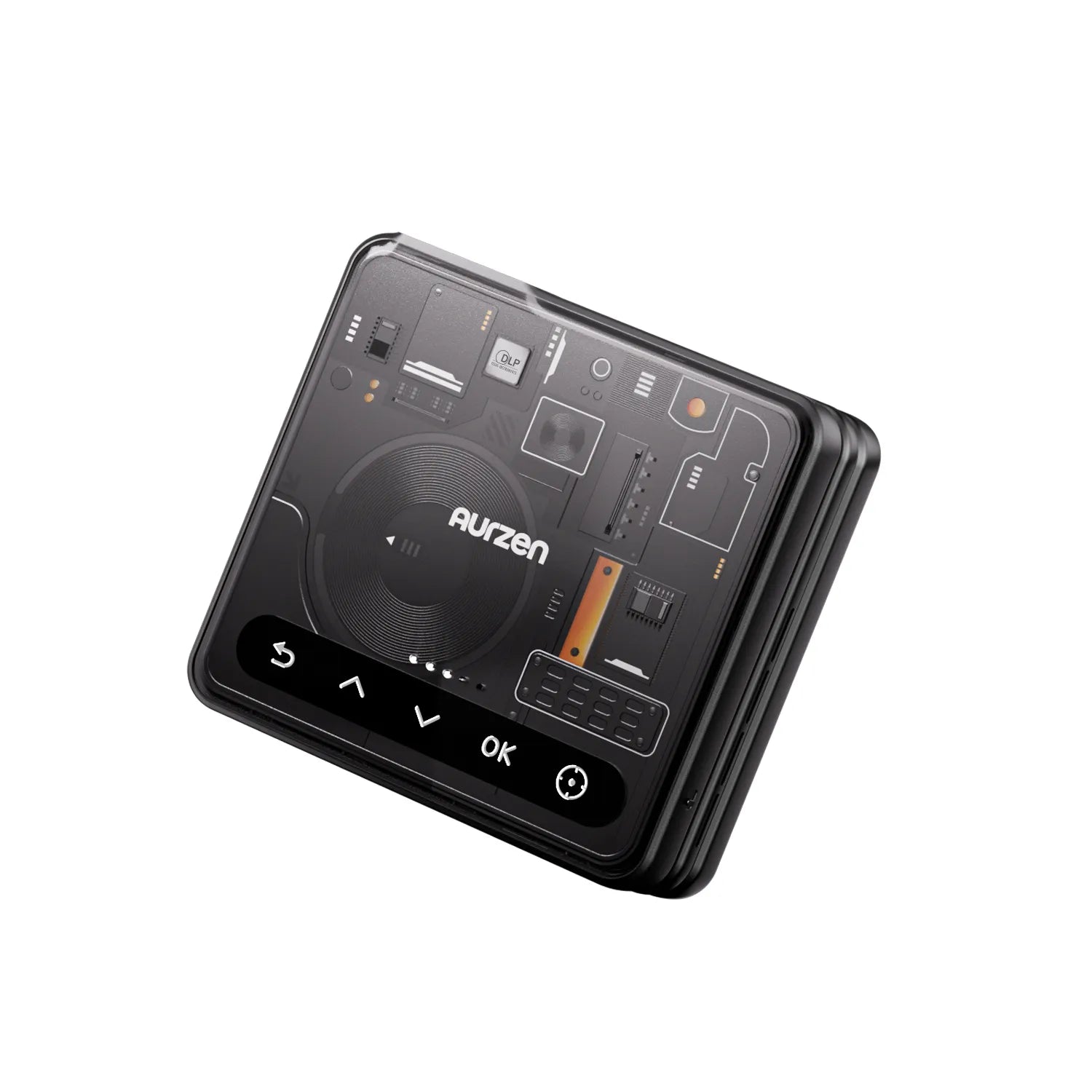Top view of Aurzen ZIP Cyber Edition portable DLP projector featuring cyber-style interface and touch control panel.