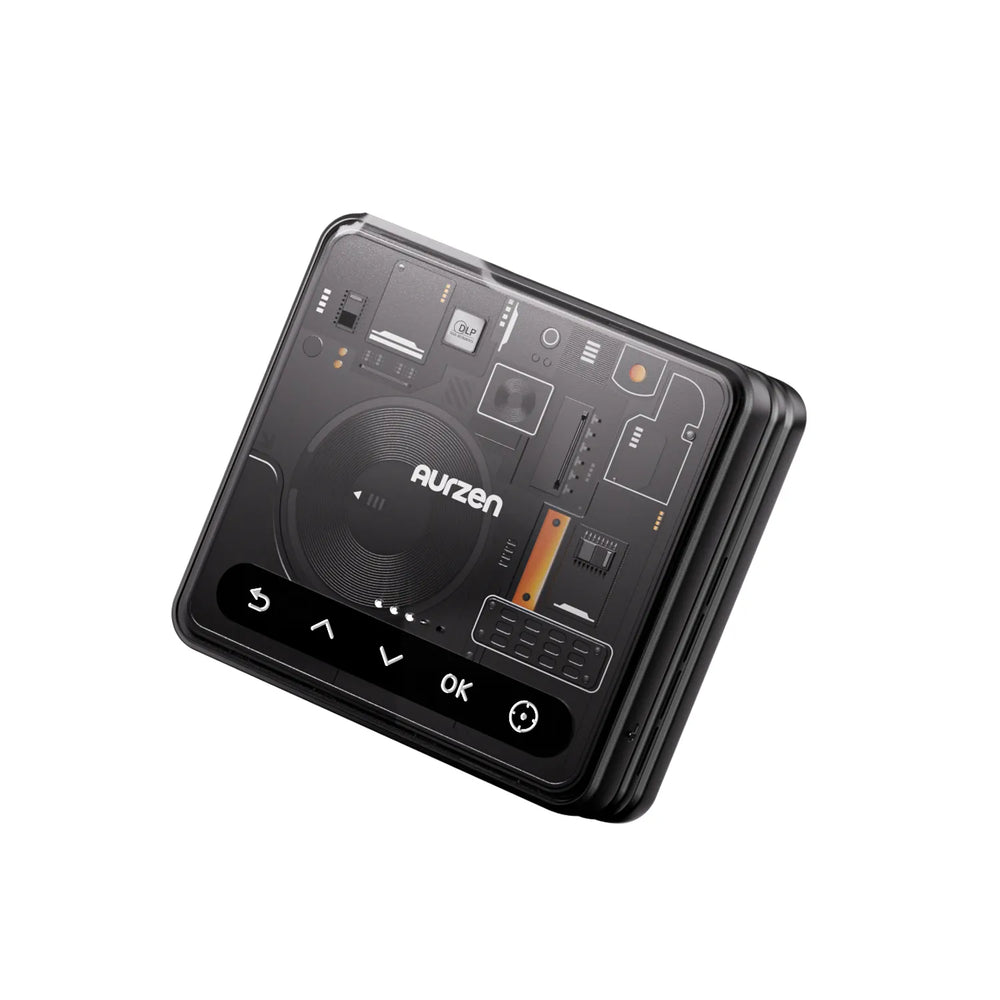 Top view of Aurzen ZIP Cyber Edition portable DLP projector featuring cyber-style interface and touch control panel.