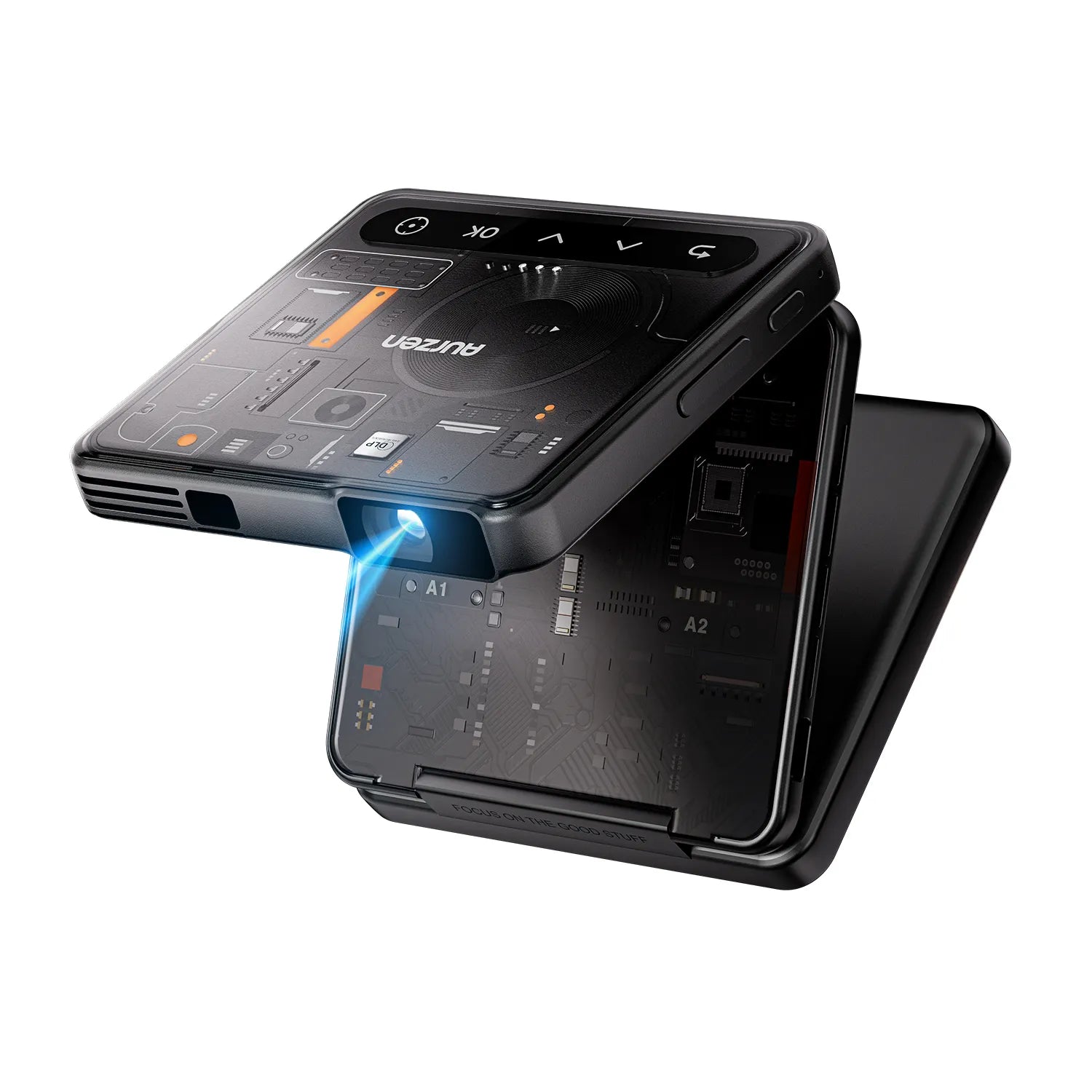 Aurzen ZIP Cyber Edition tri-fold portable mini projector showing futuristic transparent circuit design and compact foldable body.