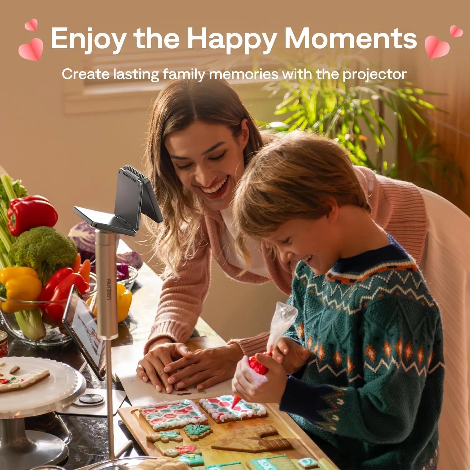 Aurzen ZIP Tri-Fold Mini Projector creating joyful family moments during activities like cooking or movie nights.